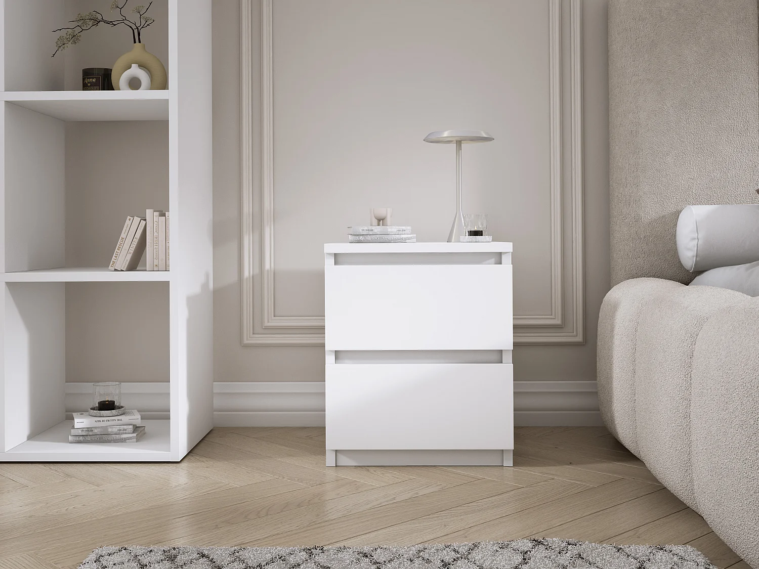 Table de chevet avec deux tiroirs, 45 × 36 × 36 cm, couleur : blanc