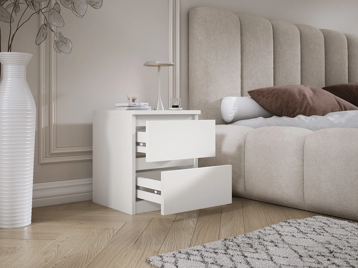 Table de chevet avec deux tiroirs, 45 × 36 × 36 cm, couleur : blanc