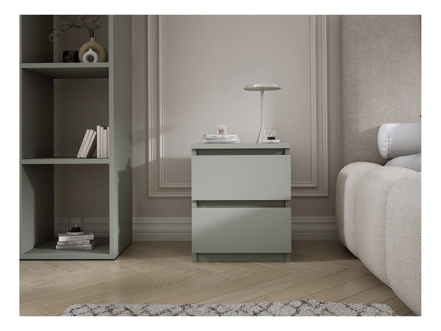 Staand nachtkastje met twee lades – 45 × 36 × 36 cm – kleur: Aloë