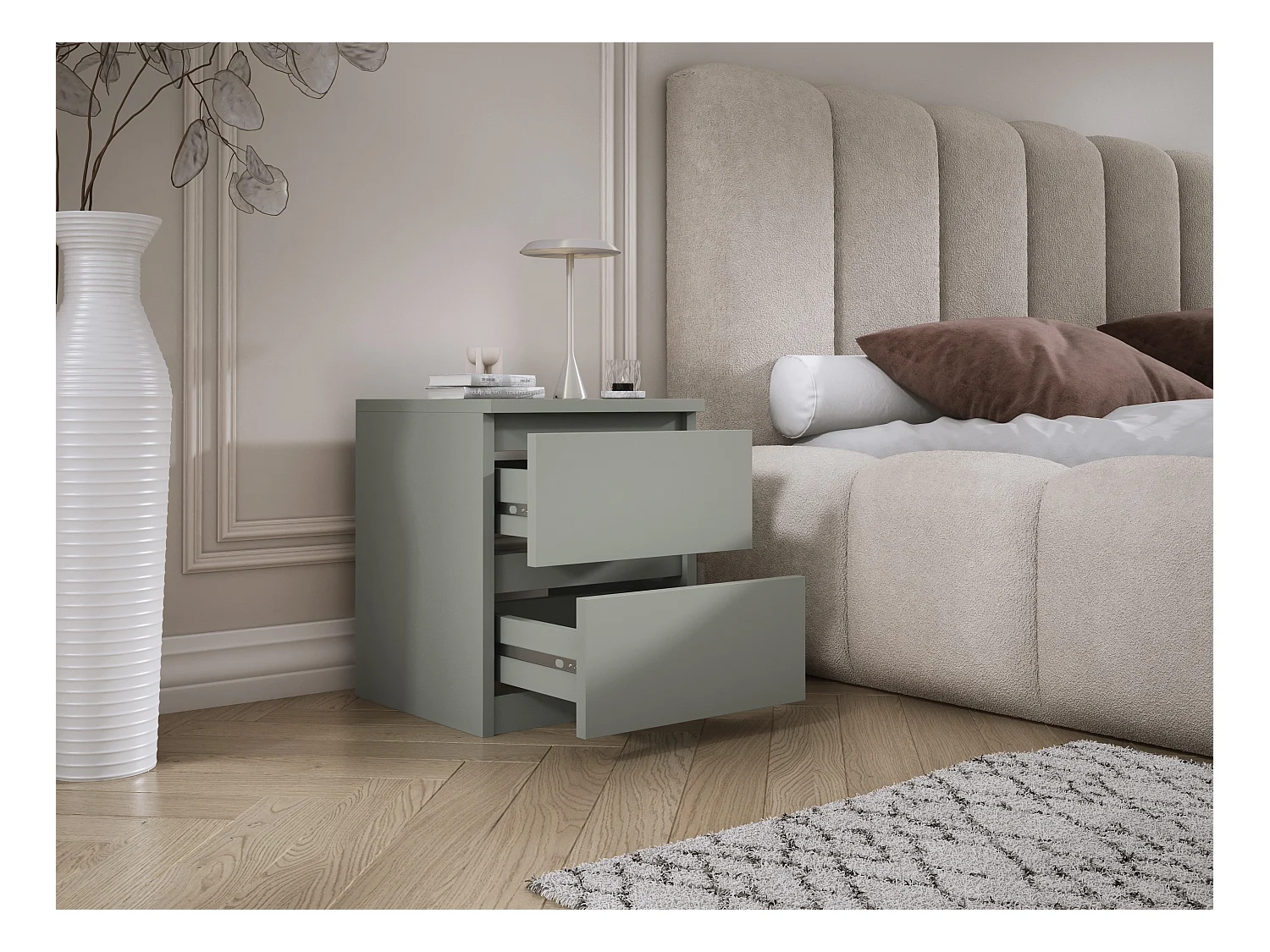 Staand nachtkastje met twee lades – 45 × 36 × 36 cm – kleur: Aloë