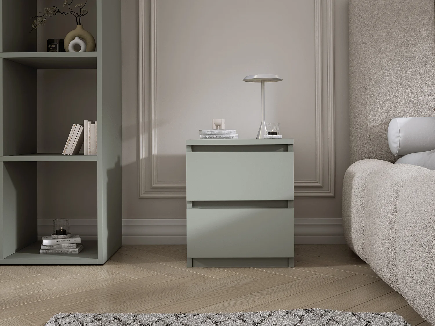 Table de chevet avec deux tiroirs, 45 × 36 × 36 cm, couleur : aloès vert