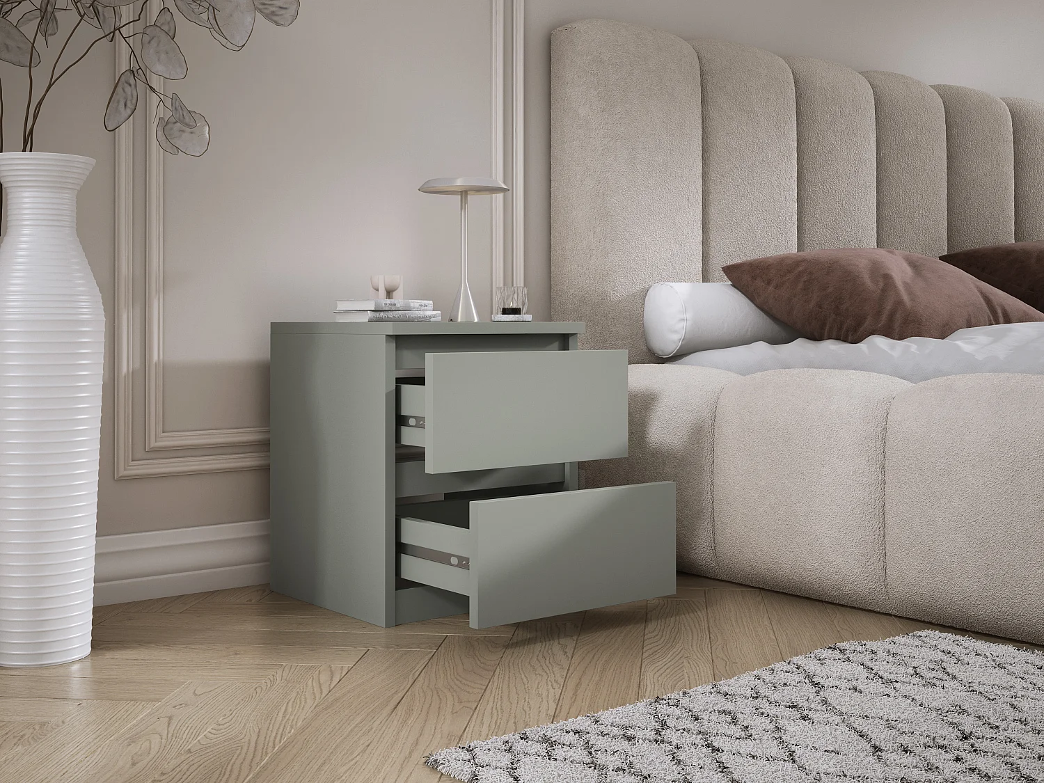 Table de chevet avec deux tiroirs, 45 × 36 × 36 cm, couleur : aloès vert