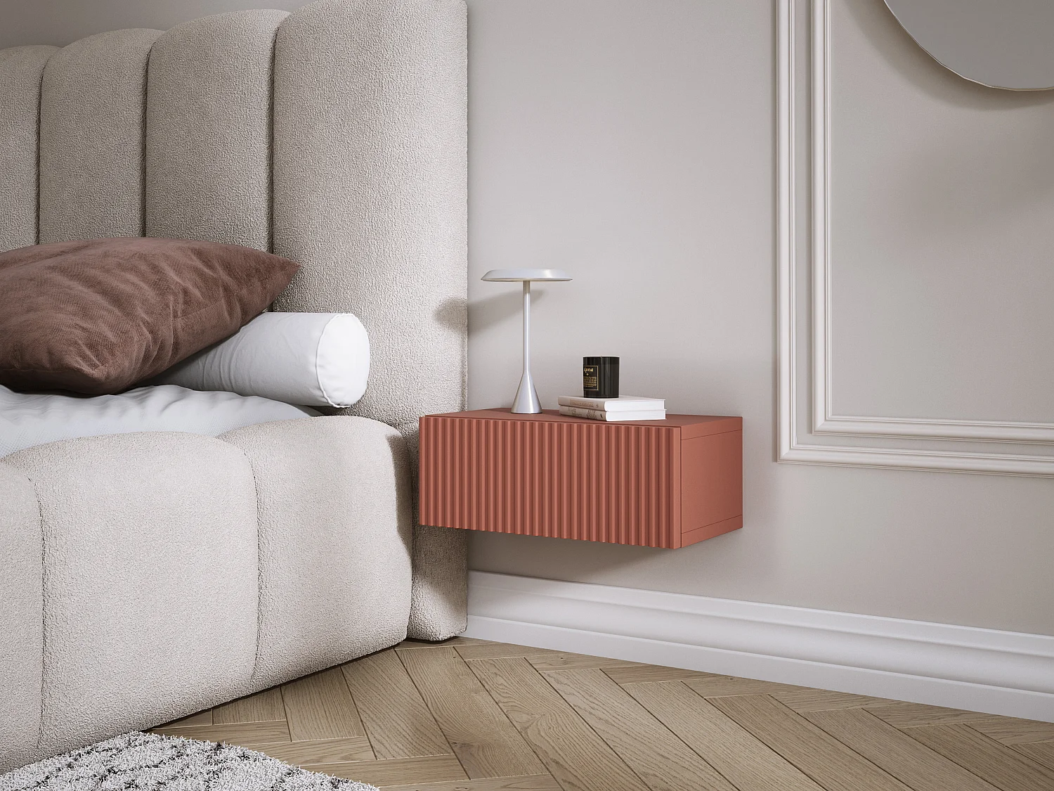 Comodino sospeso con cassetto – frontale scanalato, listelli – colore: rosso mattone, 40 x 20 x 16 cm