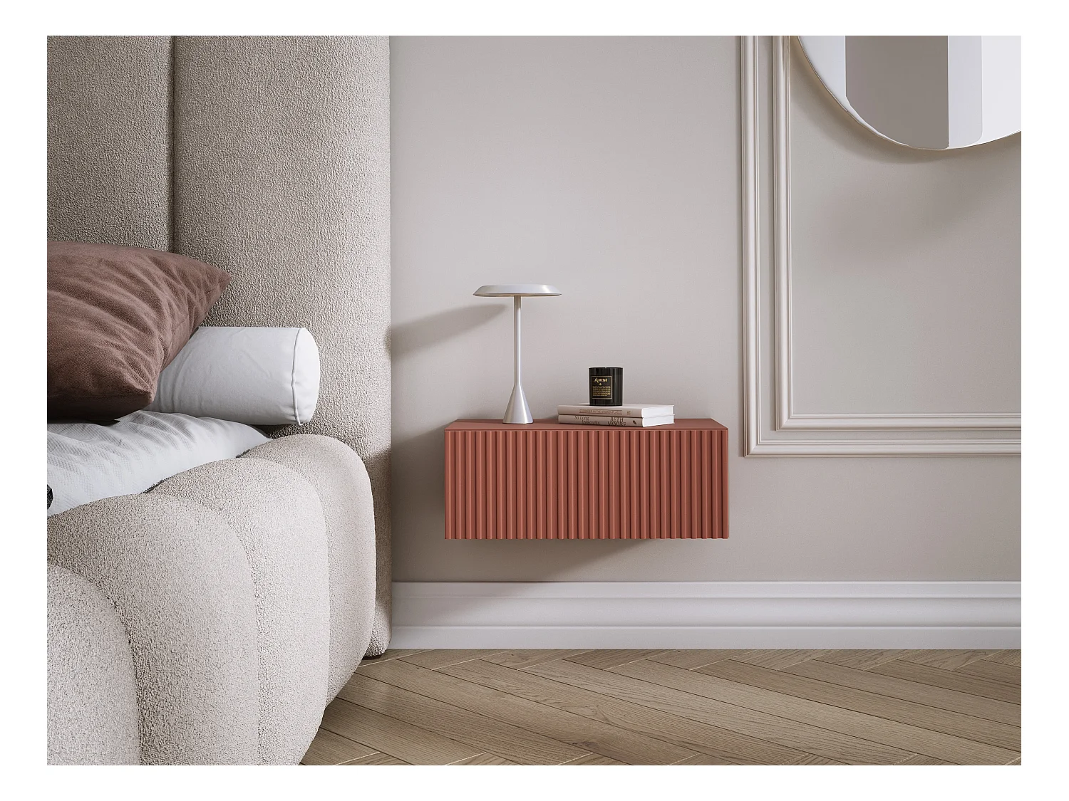 Comodino sospeso con cassetto – frontale scanalato, listelli – colore: rosso mattone, 40 x 20 x 16 cm