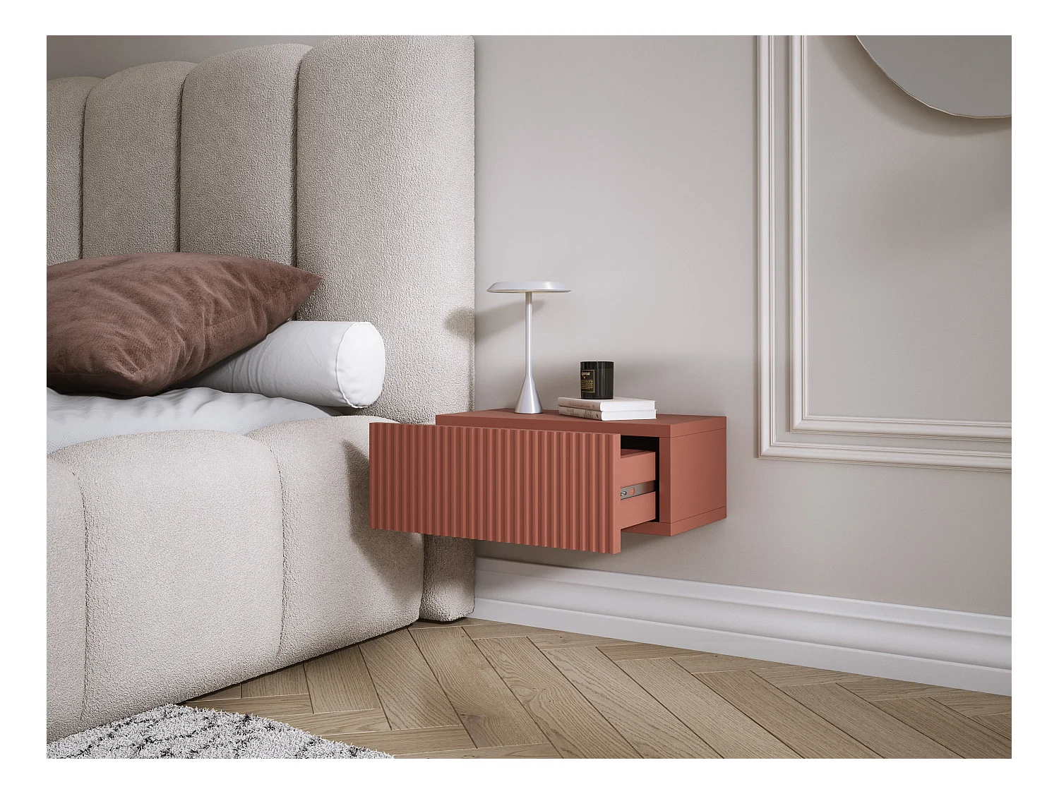 Comodino sospeso con cassetto – frontale scanalato, listelli – colore: rosso mattone, 40 x 20 x 16 cm