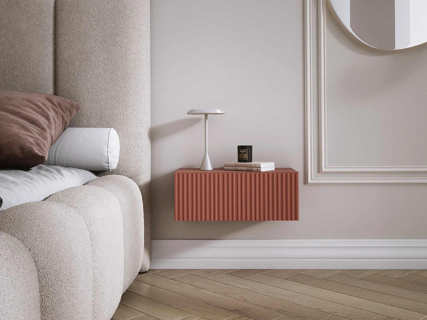 Table de chevet suspendue avec tiroir, façade rainurée, Couleur : rouge brique, 40 x 20 x 16 cm