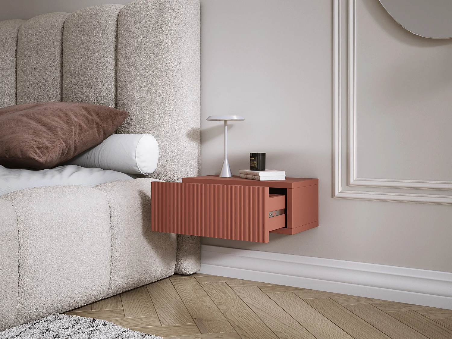 Table de chevet suspendue avec tiroir, façade rainurée, Couleur : rouge brique, 40 x 20 x 16 cm