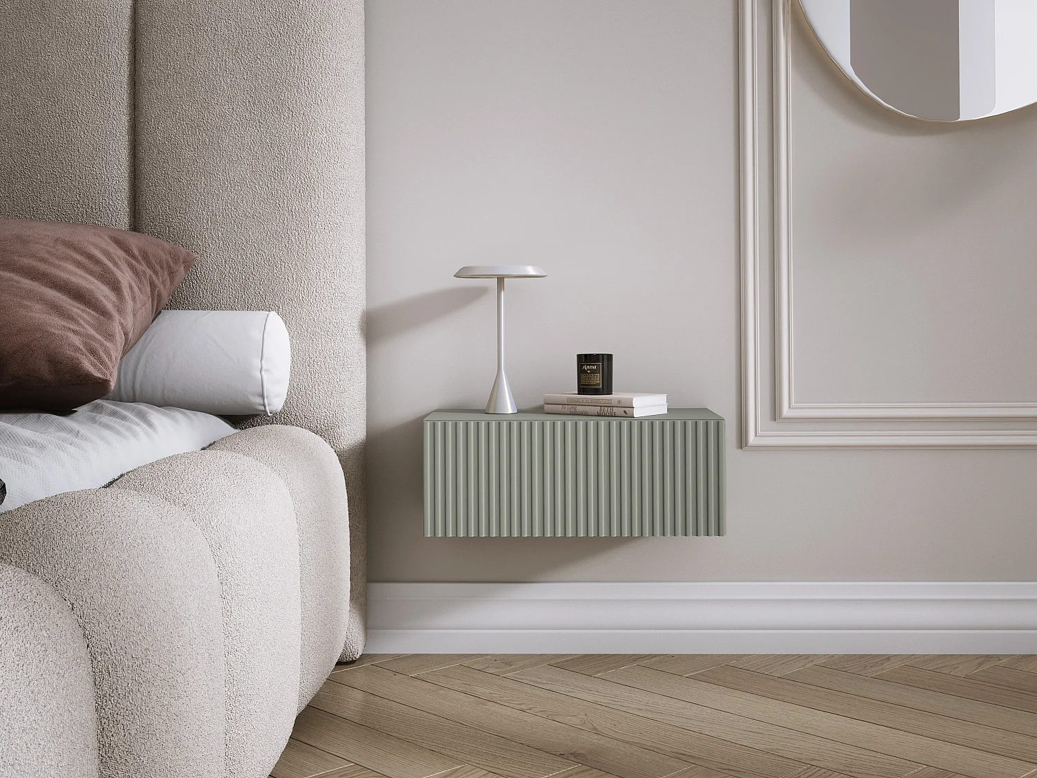 Comodino sospeso con cassetto – frontale liscio – colore: aloe verde, 40 x 20 x 16 cm