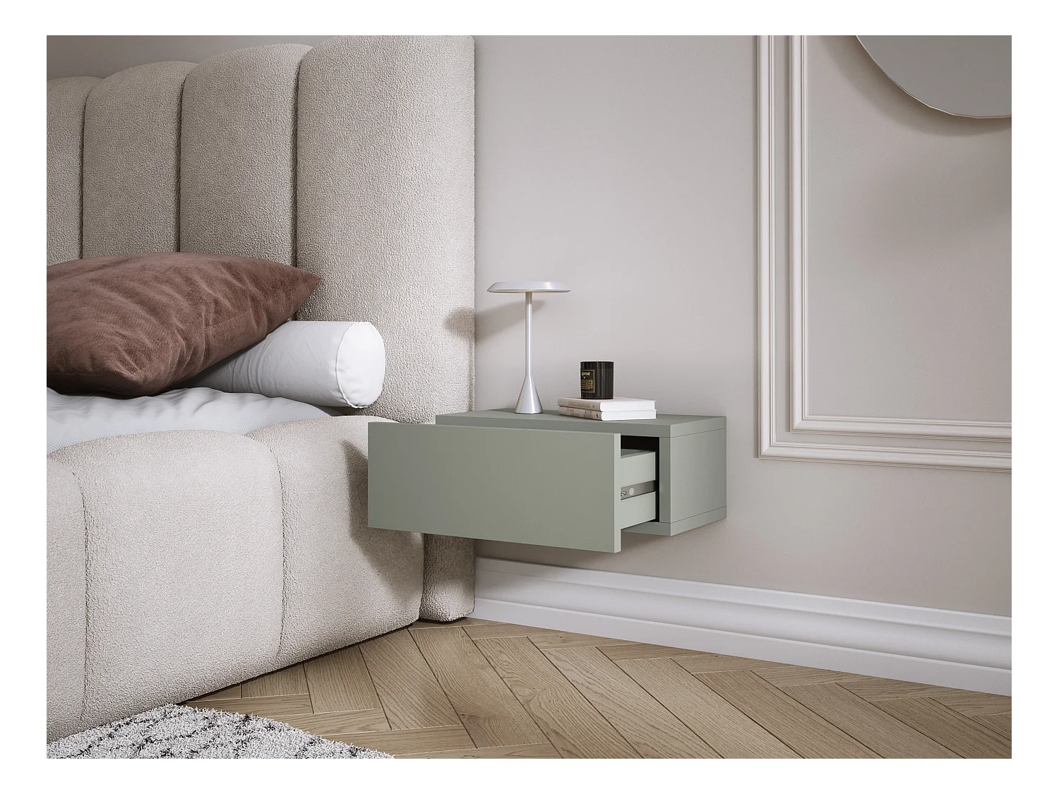 Comodino sospeso con cassetto – frontale liscio – colore: aloe verde, 40 x 20 x 16 cm