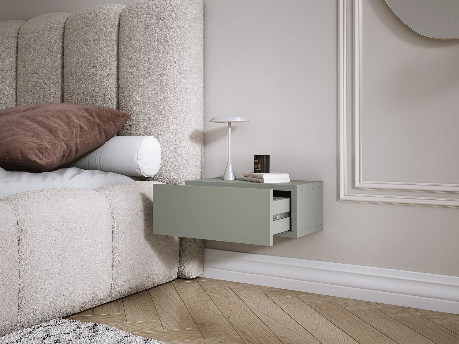 Table de chevet suspendue avec tiroir, façade lisse, Couleur : aloès vert, 40 x 20 x 16 cm