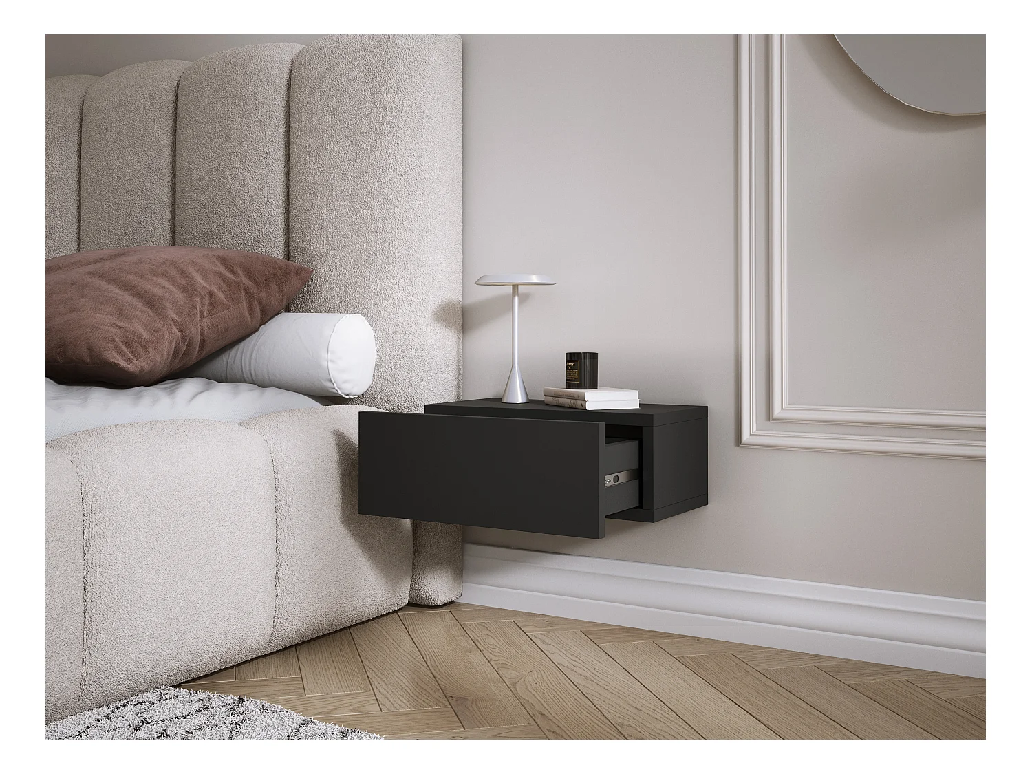 Table de chevet suspendue avec tiroir, façade lisse, Couleur : noir, 40 x 20 x 16 cm