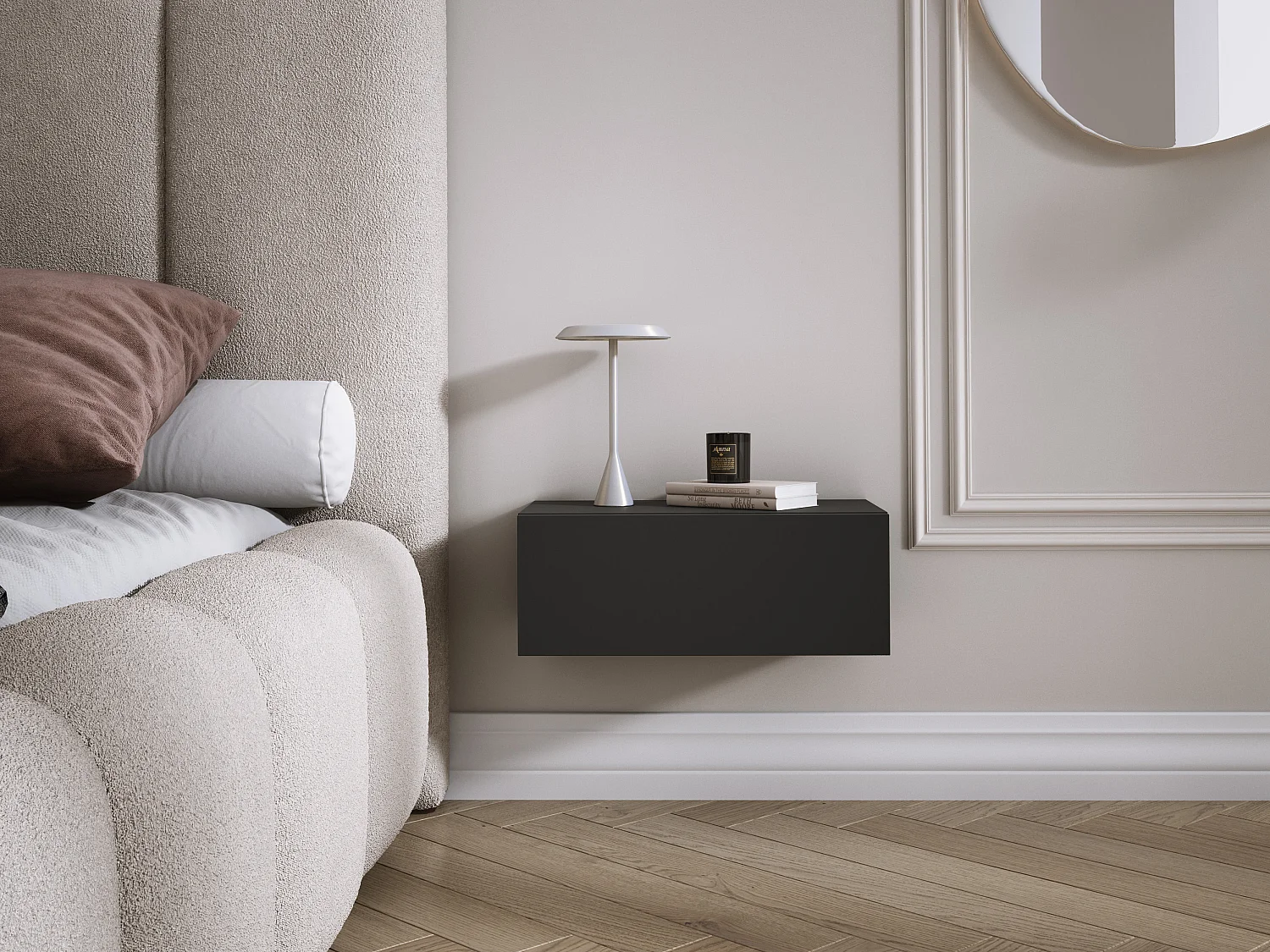 Table de chevet suspendue avec tiroir, façade lisse, Couleur : noir, 40 x 20 x 16 cm