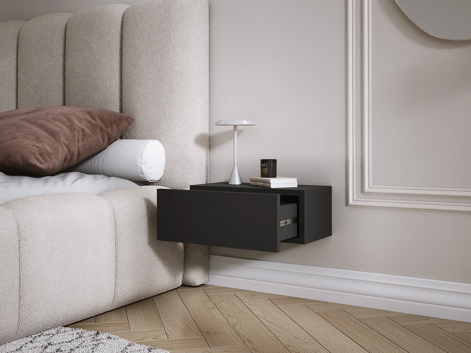 Table de chevet suspendue avec tiroir, façade lisse, Couleur : noir, 40 x 20 x 16 cm