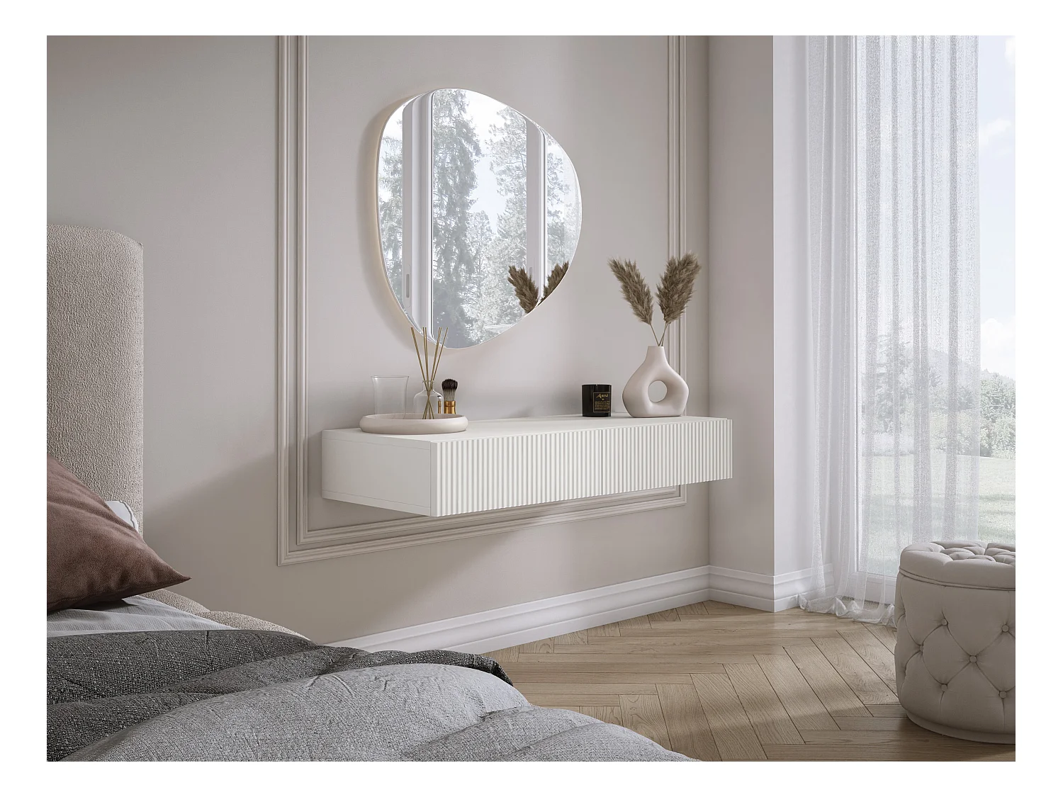 Coiffeuse suspendue avec deux tiroirs, façade rainurée - Couleur : blanc, 100 x 40 x 16 cm