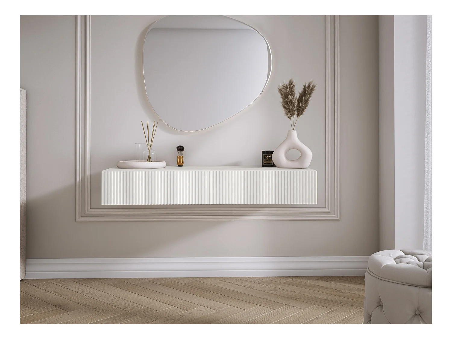 Coiffeuse suspendue avec deux tiroirs, façade rainurée - Couleur : blanc, 100 x 40 x 16 cm