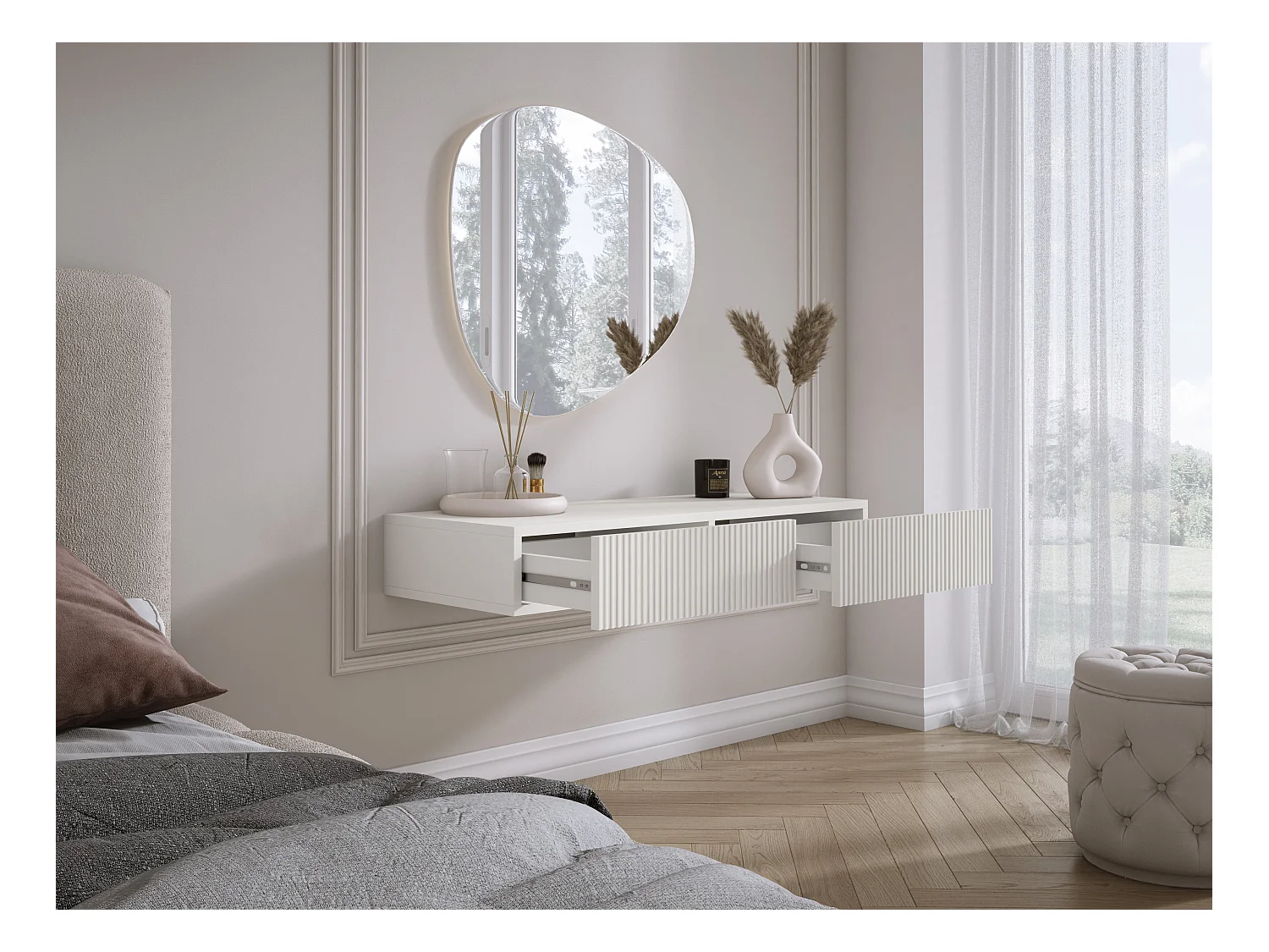 Coiffeuse suspendue avec deux tiroirs, façade rainurée - Couleur : blanc, 100 x 40 x 16 cm