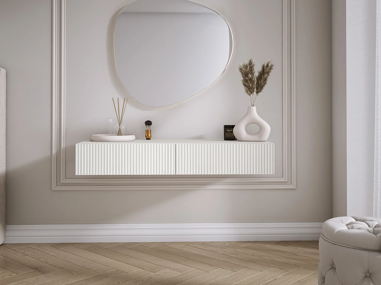 Coiffeuse suspendue avec deux tiroirs, façade rainurée - Couleur : blanc, 100 x 40 x 16 cm