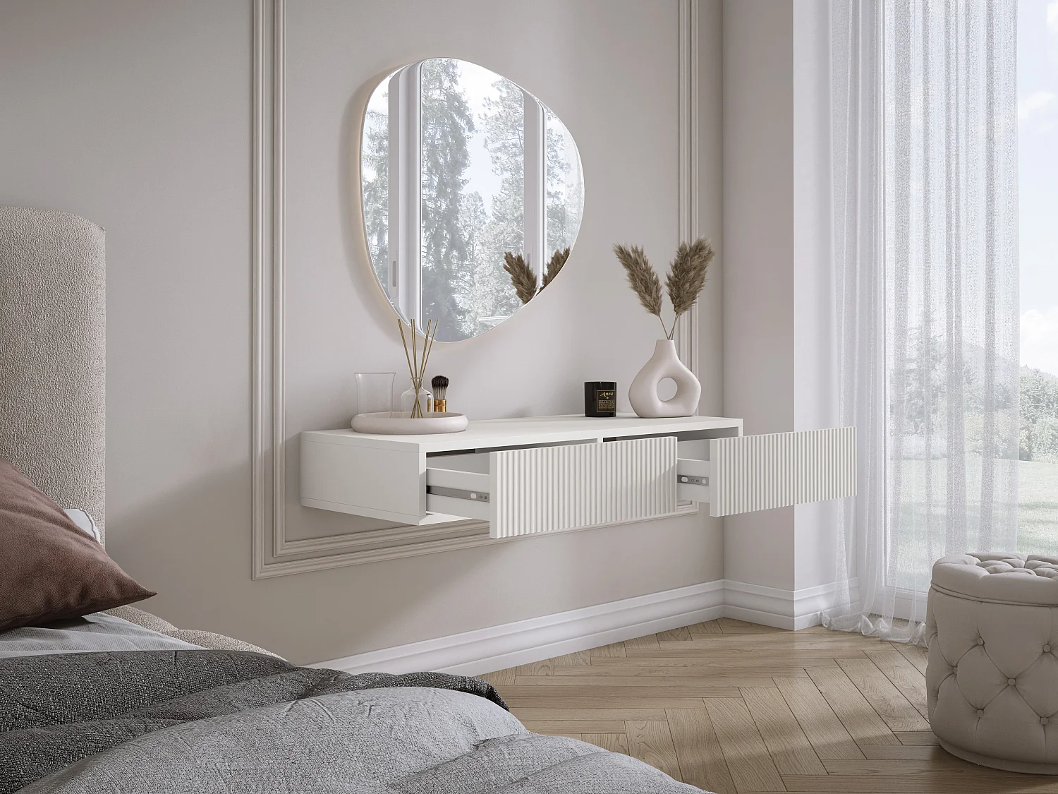 Coiffeuse suspendue avec deux tiroirs, façade rainurée - Couleur : blanc, 100 x 40 x 16 cm