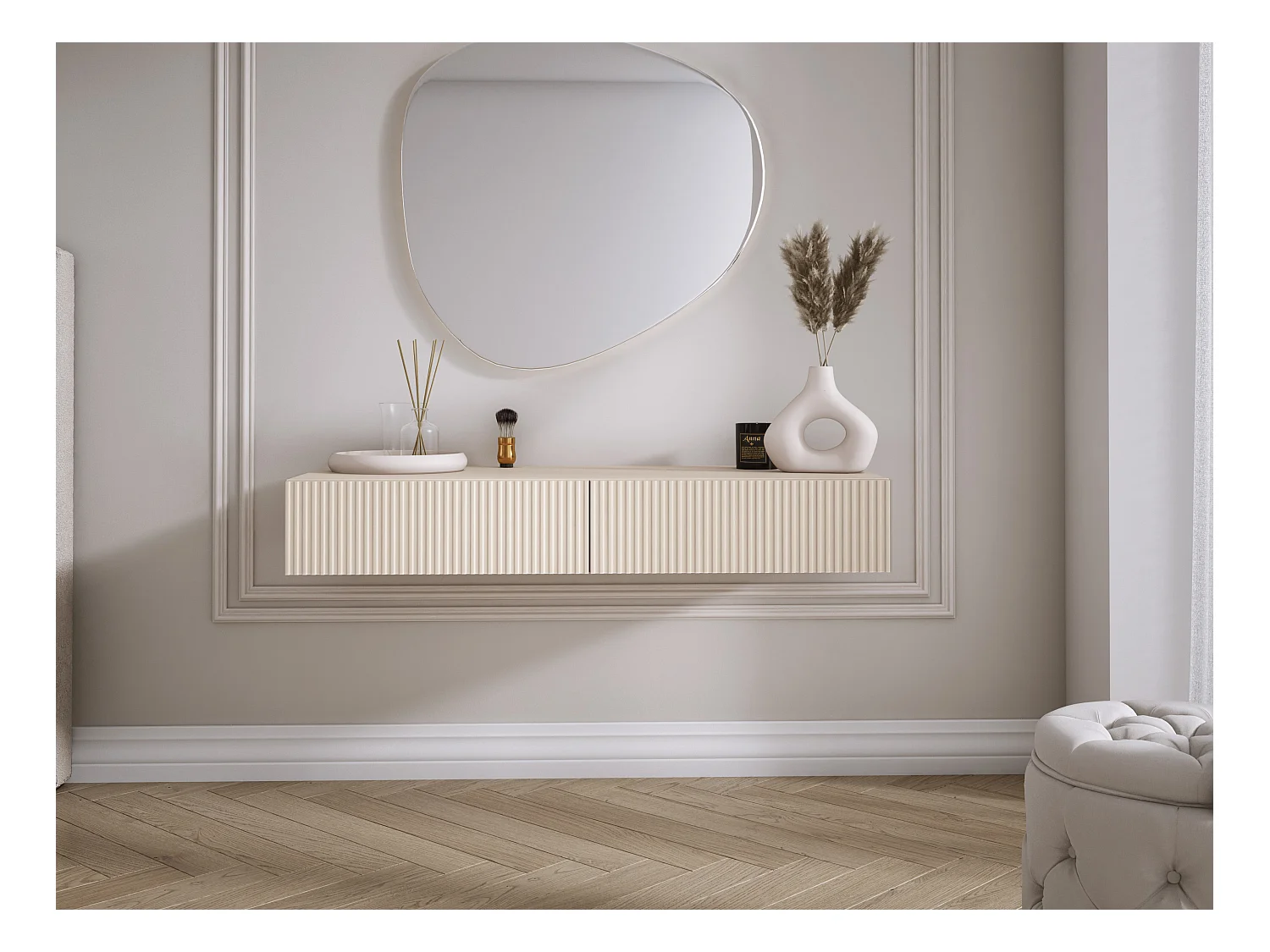 Coiffeuse suspendue avec deux tiroirs, façade rainurée - Couleur : cachemire, 100 x 40 x 16 cm