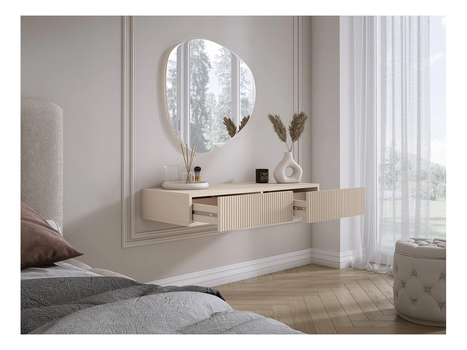 Coiffeuse suspendue avec deux tiroirs, façade rainurée - Couleur : cachemire, 100 x 40 x 16 cm