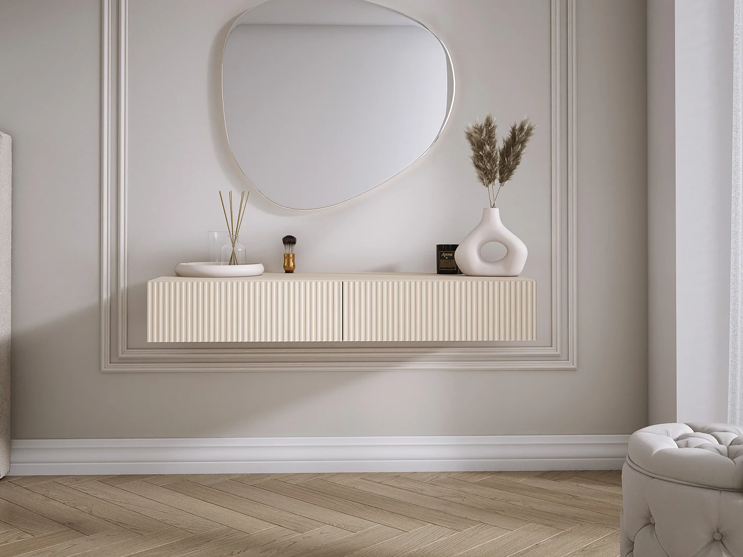 Coiffeuse suspendue avec deux tiroirs, façade rainurée - Couleur : cachemire, 100 x 40 x 16 cm