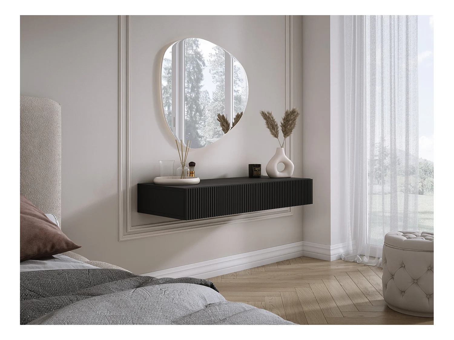 Hangende kaptafel met twee lades, gecanneleerde voorkant - Kleur: Kasjmier, 100 x 40 x 16 cm