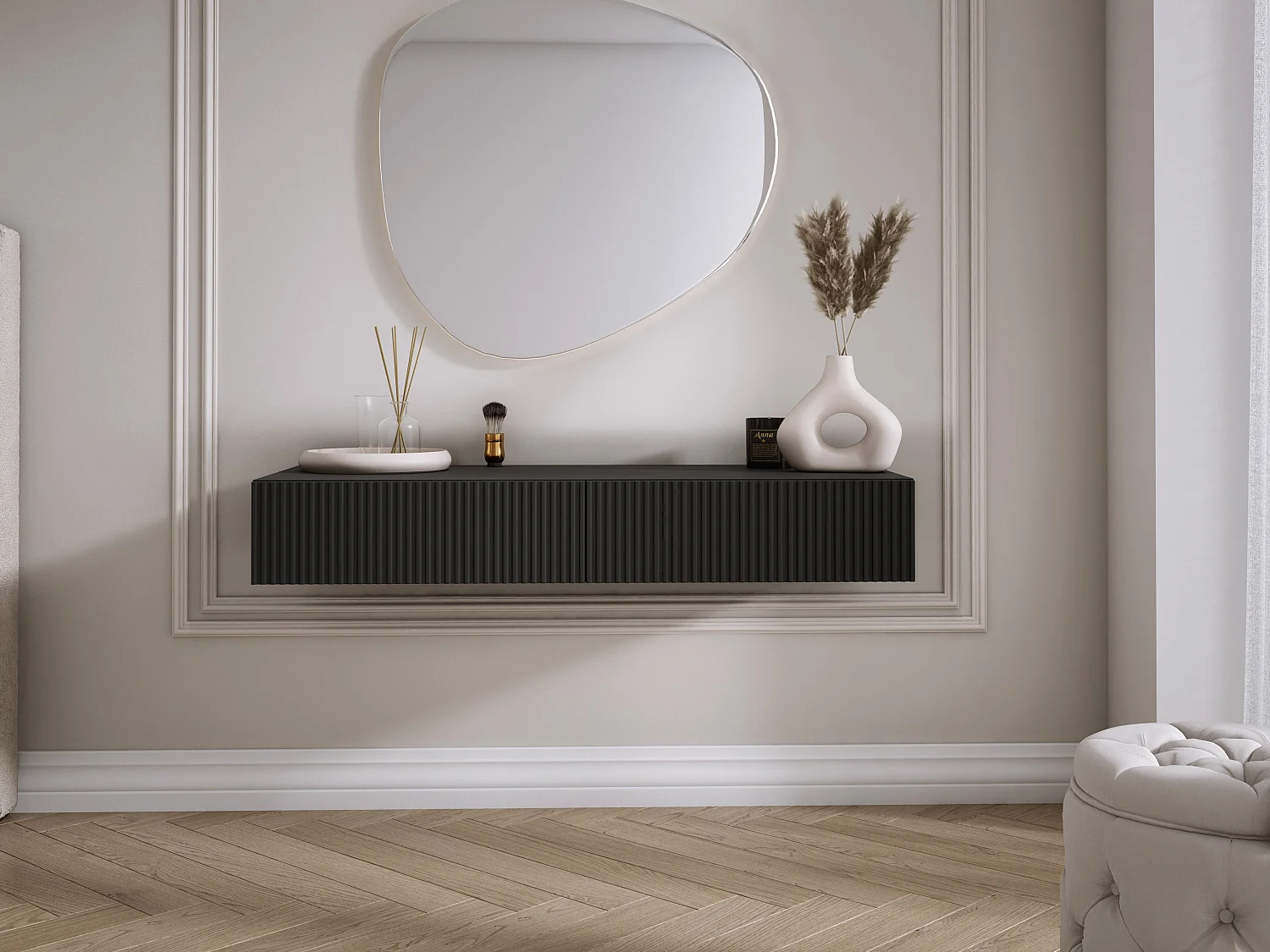 Toeletta sospesa con due cassetti, frontale scanalato - colore: Nero, 100 x 40 x 16 cm