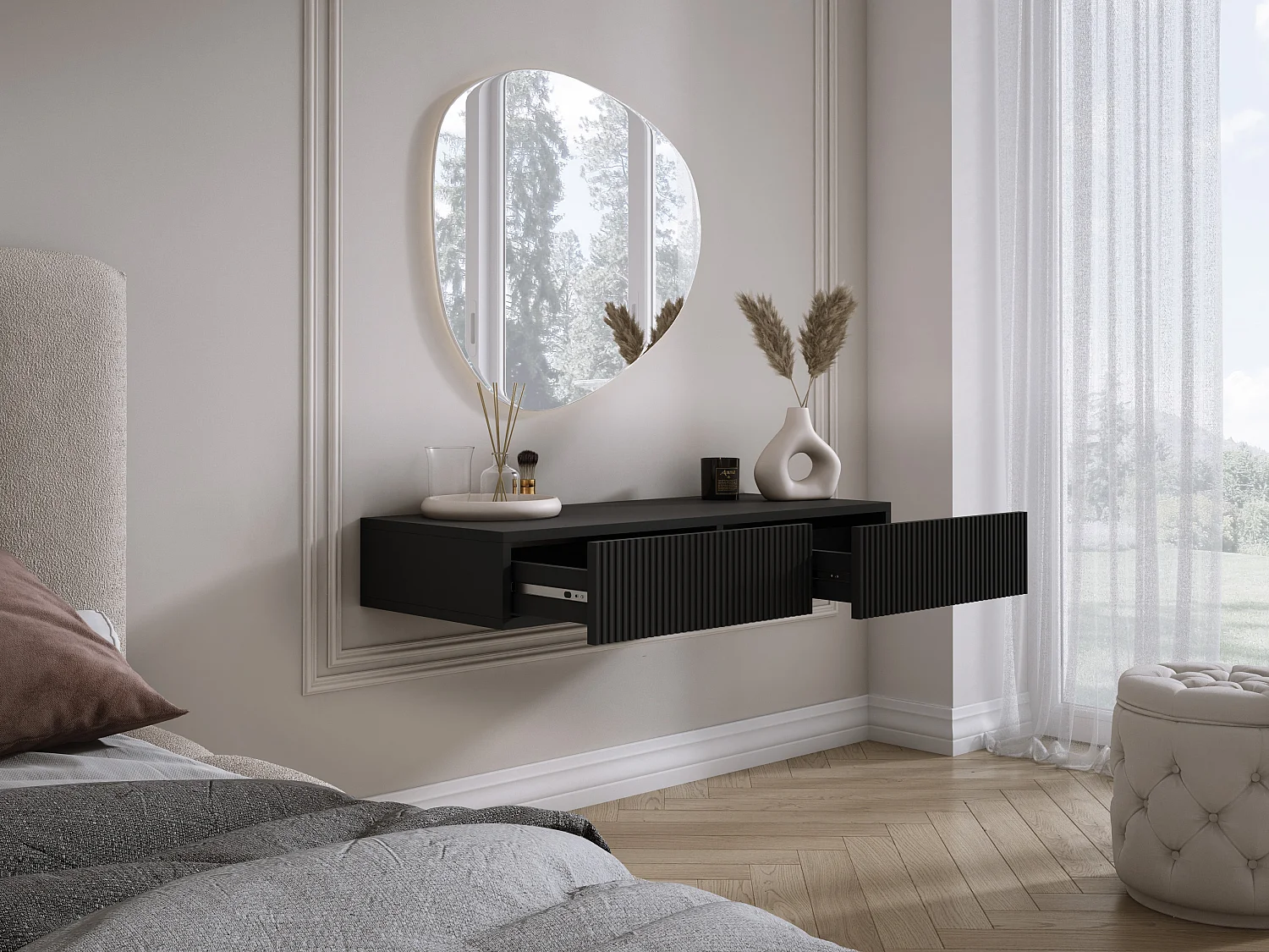 Toeletta sospesa con due cassetti, frontale scanalato - colore: Nero, 100 x 40 x 16 cm