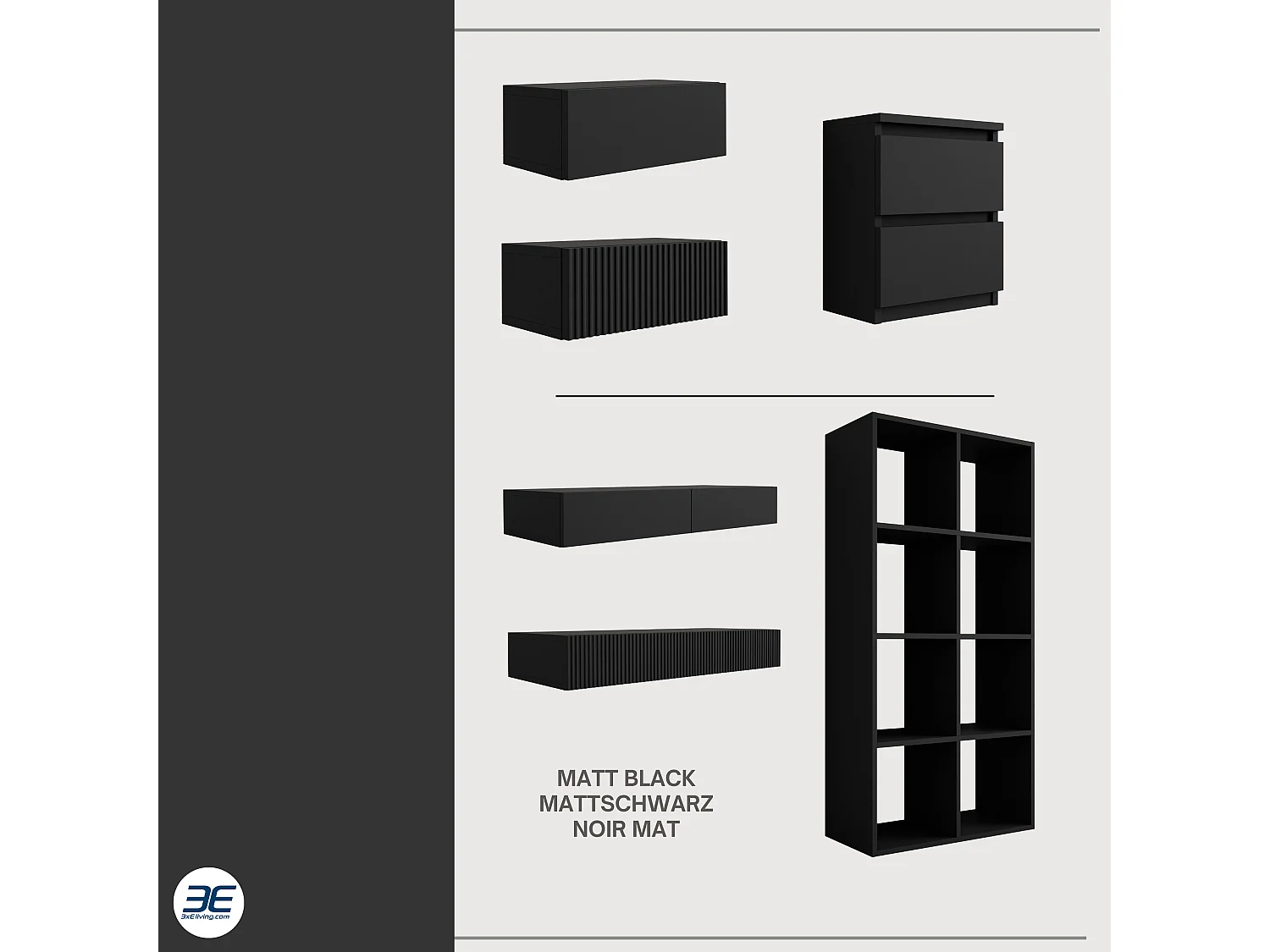 Toeletta sospesa con due cassetti, frontale scanalato - colore: Nero, 100 x 40 x 16 cm