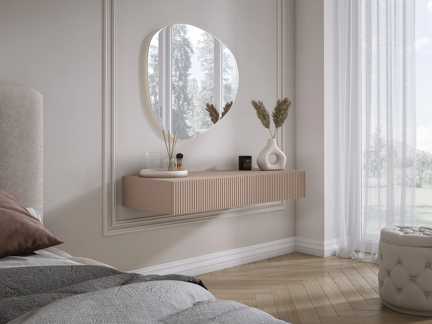 Coiffeuse suspendue avec deux tiroirs, façade rainurée - Couleur : brun caramel, 100 x 40 x 16 cm