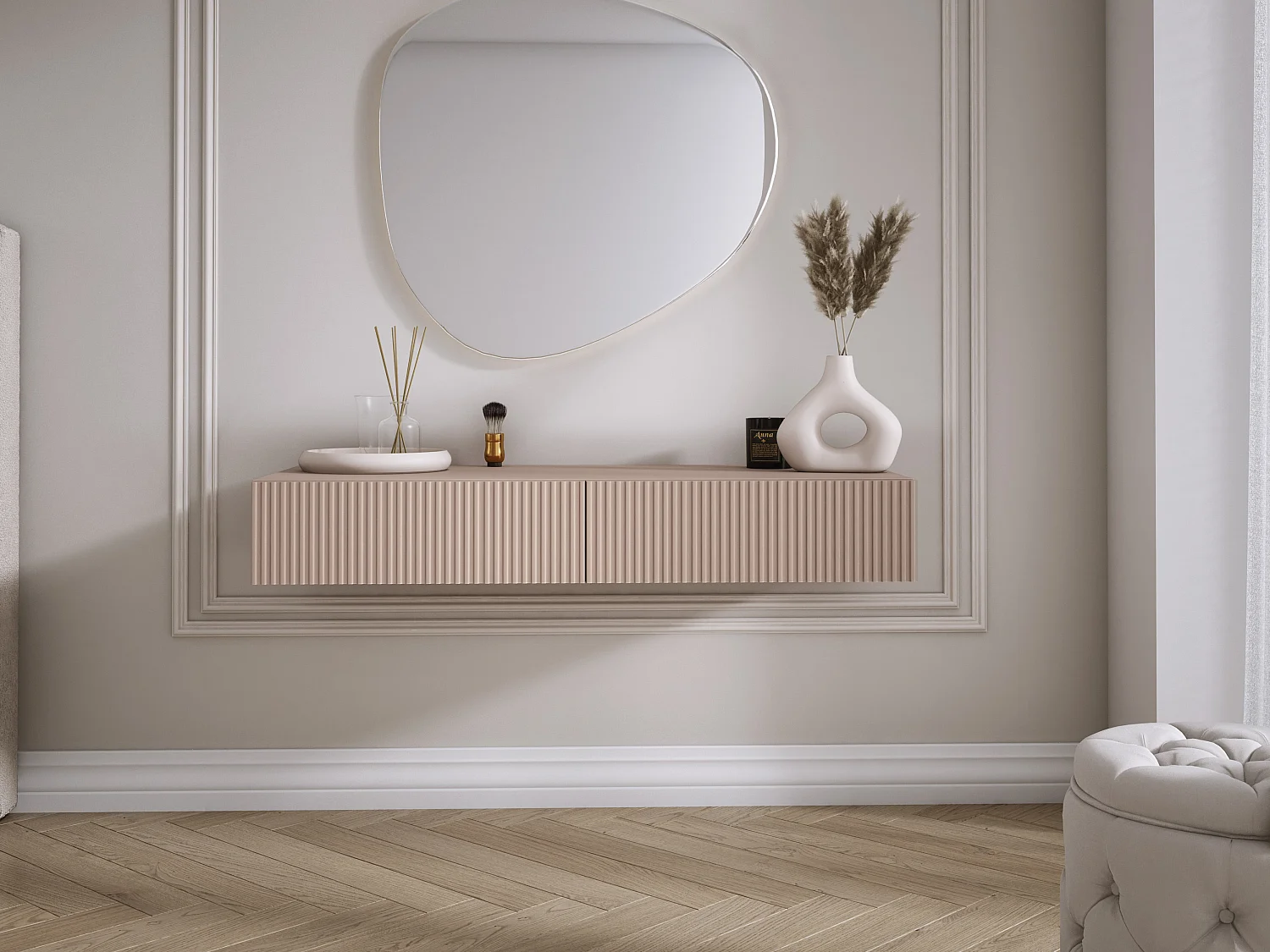 Coiffeuse suspendue avec deux tiroirs, façade rainurée - Couleur : brun caramel, 100 x 40 x 16 cm