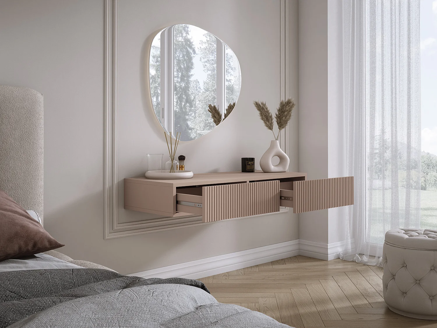 Coiffeuse suspendue avec deux tiroirs, façade rainurée - Couleur : brun caramel, 100 x 40 x 16 cm