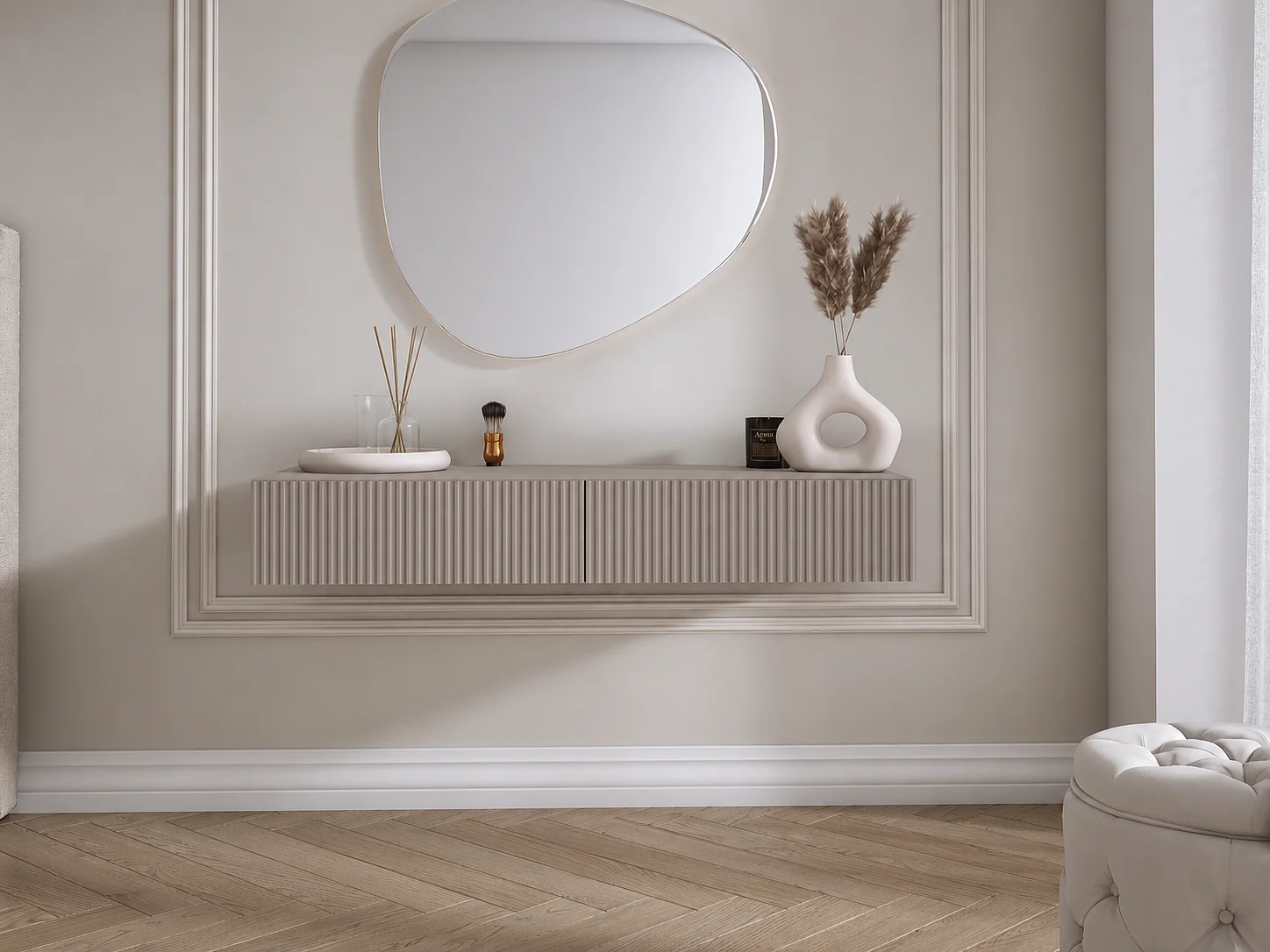 Coiffeuse suspendue avec deux tiroirs, façade rainurée - Taupe, 100 x 39,6 x 16 cm