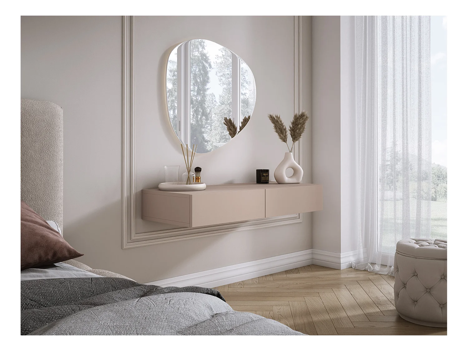 Coiffeuse suspendue avec deux tiroirs, façade lisse - Couleur : brun caramel, 100 x 40 x 16 cm