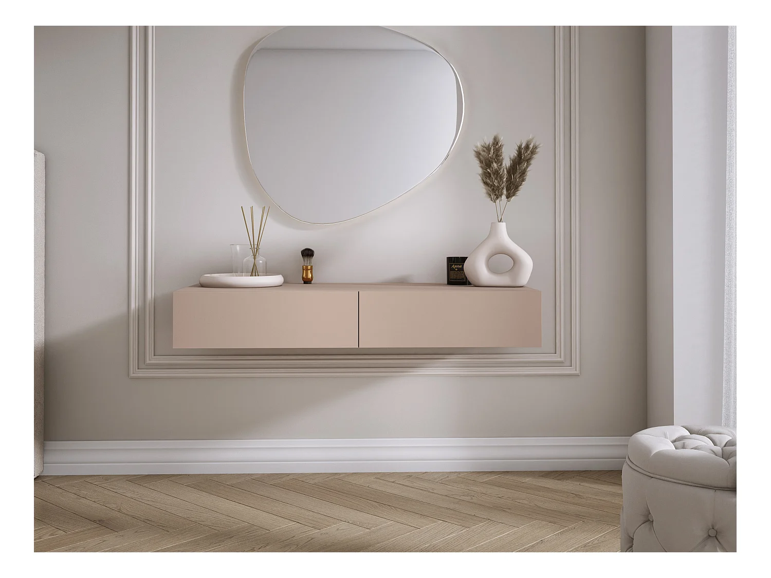 Coiffeuse suspendue avec deux tiroirs, façade lisse - Couleur : brun caramel, 100 x 40 x 16 cm