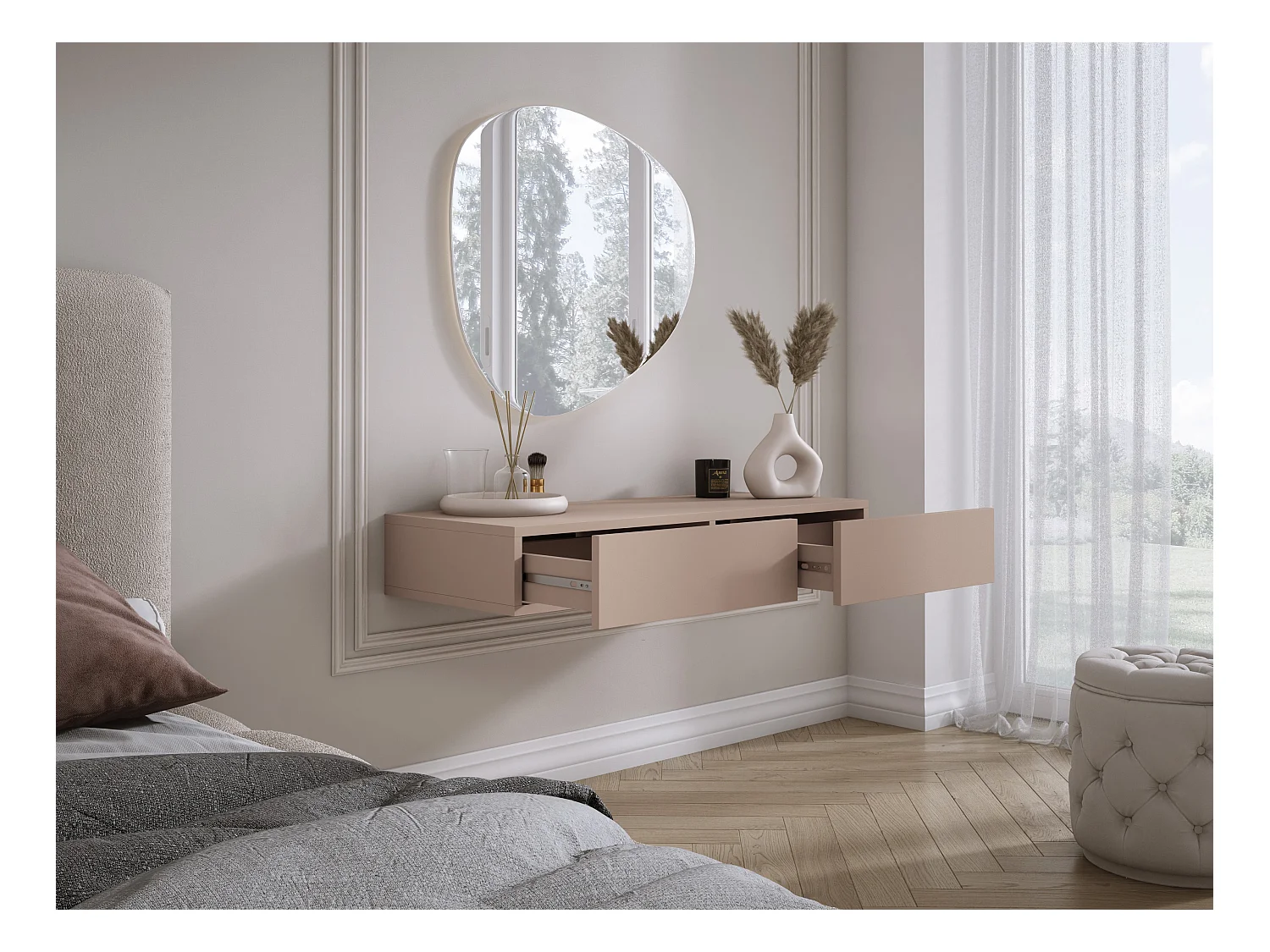 Coiffeuse suspendue avec deux tiroirs, façade lisse - Couleur : brun caramel, 100 x 40 x 16 cm