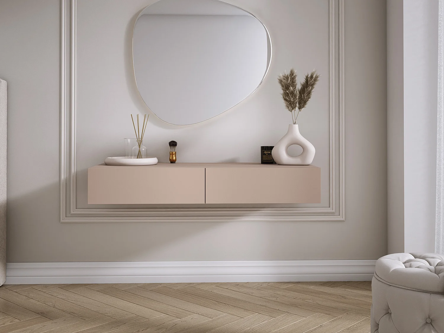 Coiffeuse suspendue avec deux tiroirs, façade lisse - Couleur : brun caramel, 100 x 40 x 16 cm