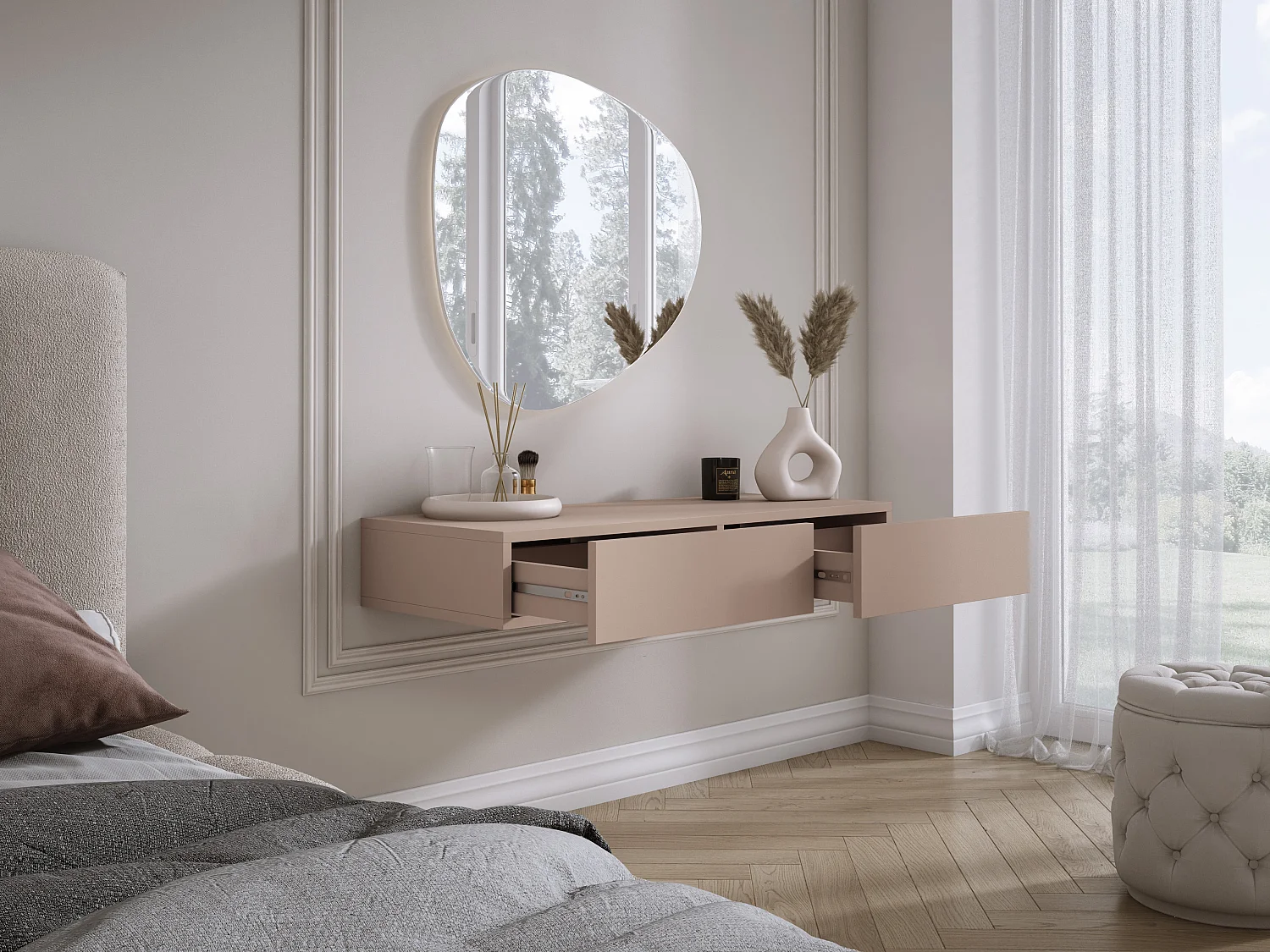 Coiffeuse suspendue avec deux tiroirs, façade lisse - Couleur : brun caramel, 100 x 40 x 16 cm