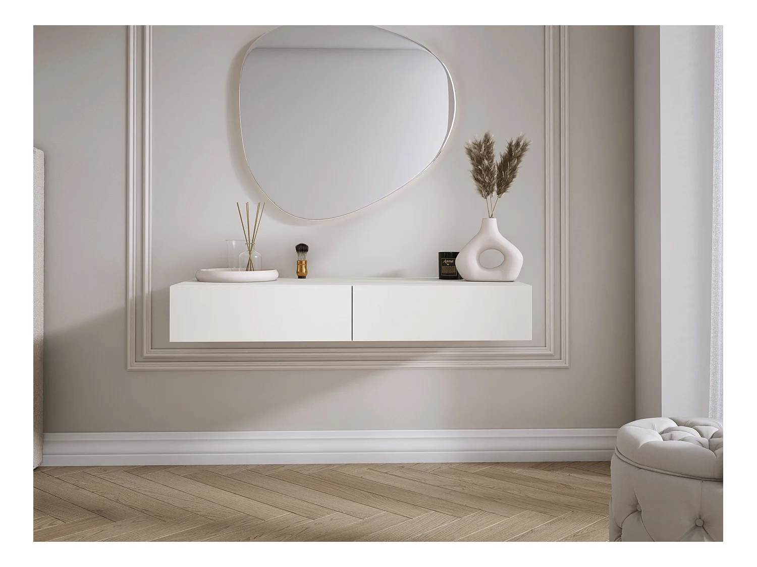 Coiffeuse suspendue avec deux tiroirs, façade lisse - Couleur : blanc, 100 x 40 x 16 cm