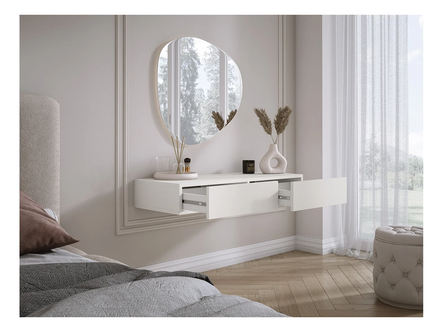 Coiffeuse suspendue avec deux tiroirs, façade lisse - Couleur : blanc, 100 x 40 x 16 cm