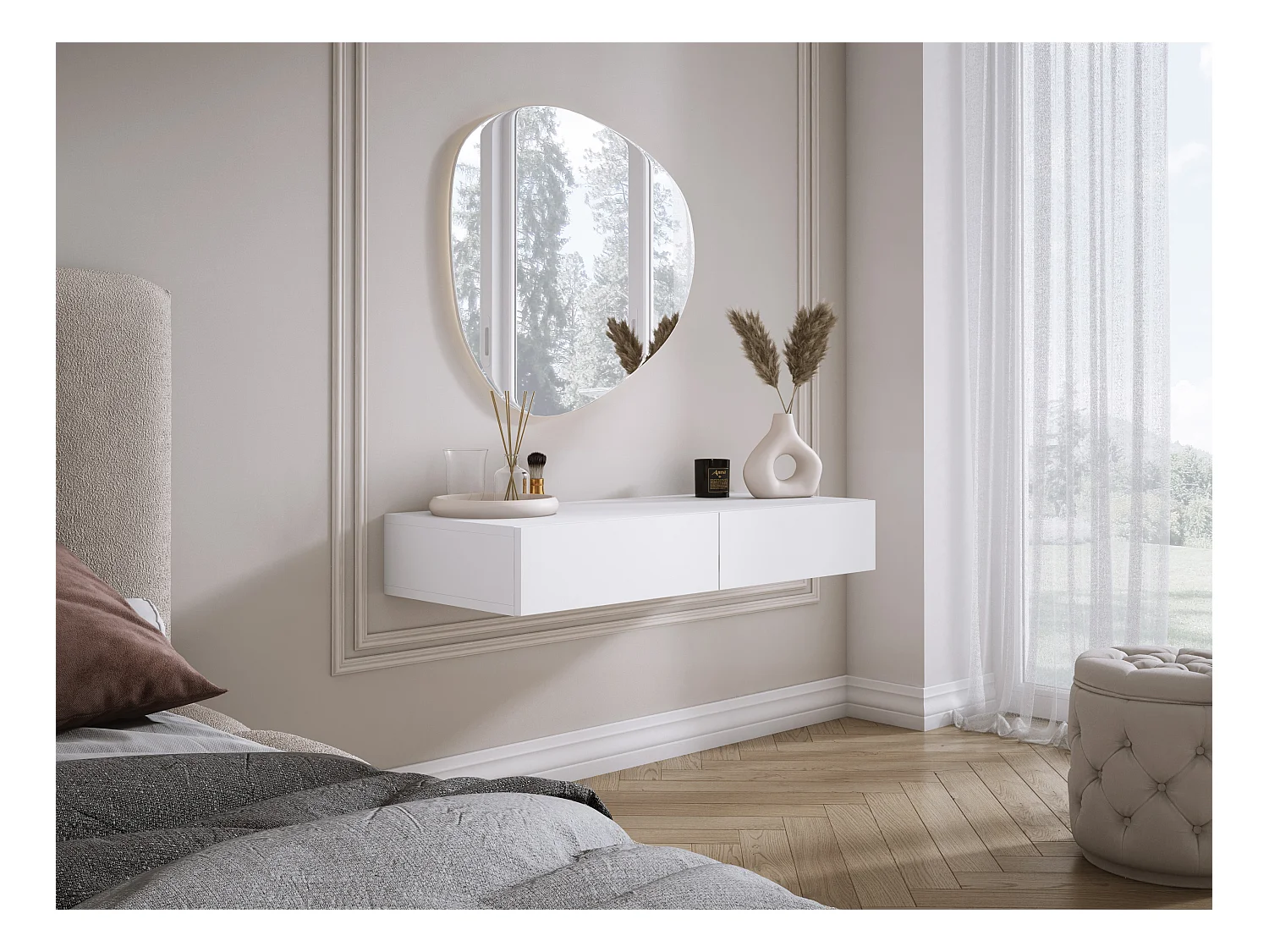 Coiffeuse suspendue avec deux tiroirs, façade lisse - Couleur : blanc, 100 x 40 x 16 cm
