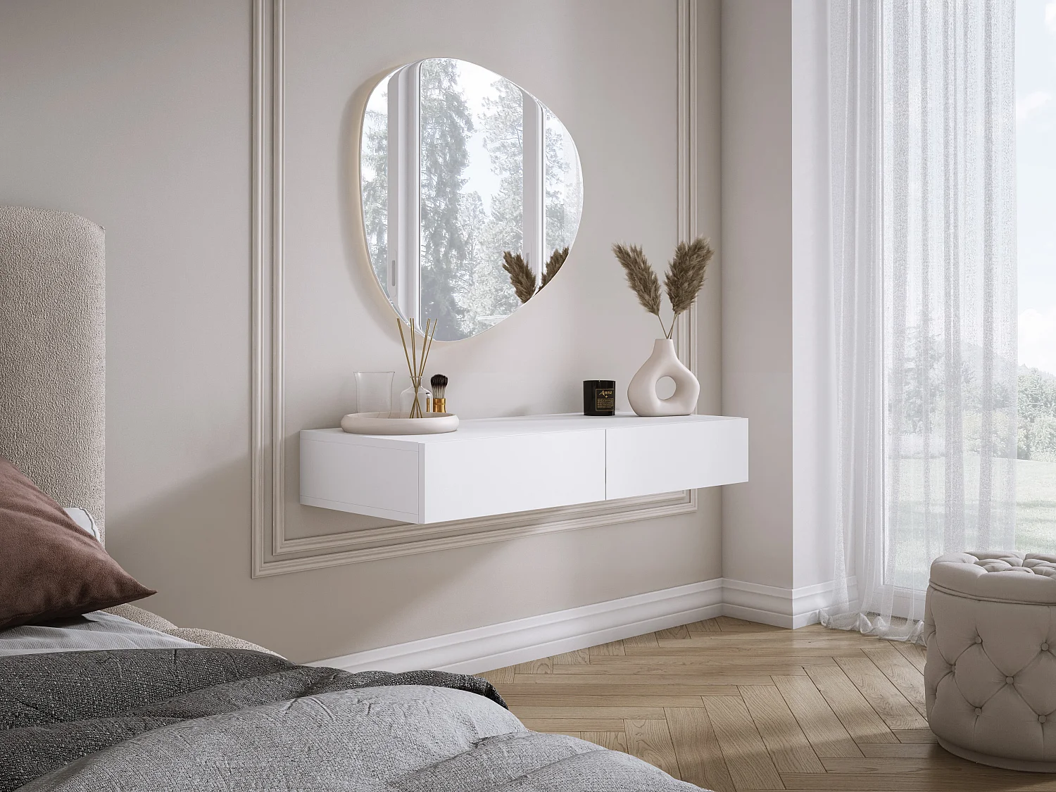 Coiffeuse suspendue avec deux tiroirs, façade lisse - Couleur : blanc, 100 x 40 x 16 cm