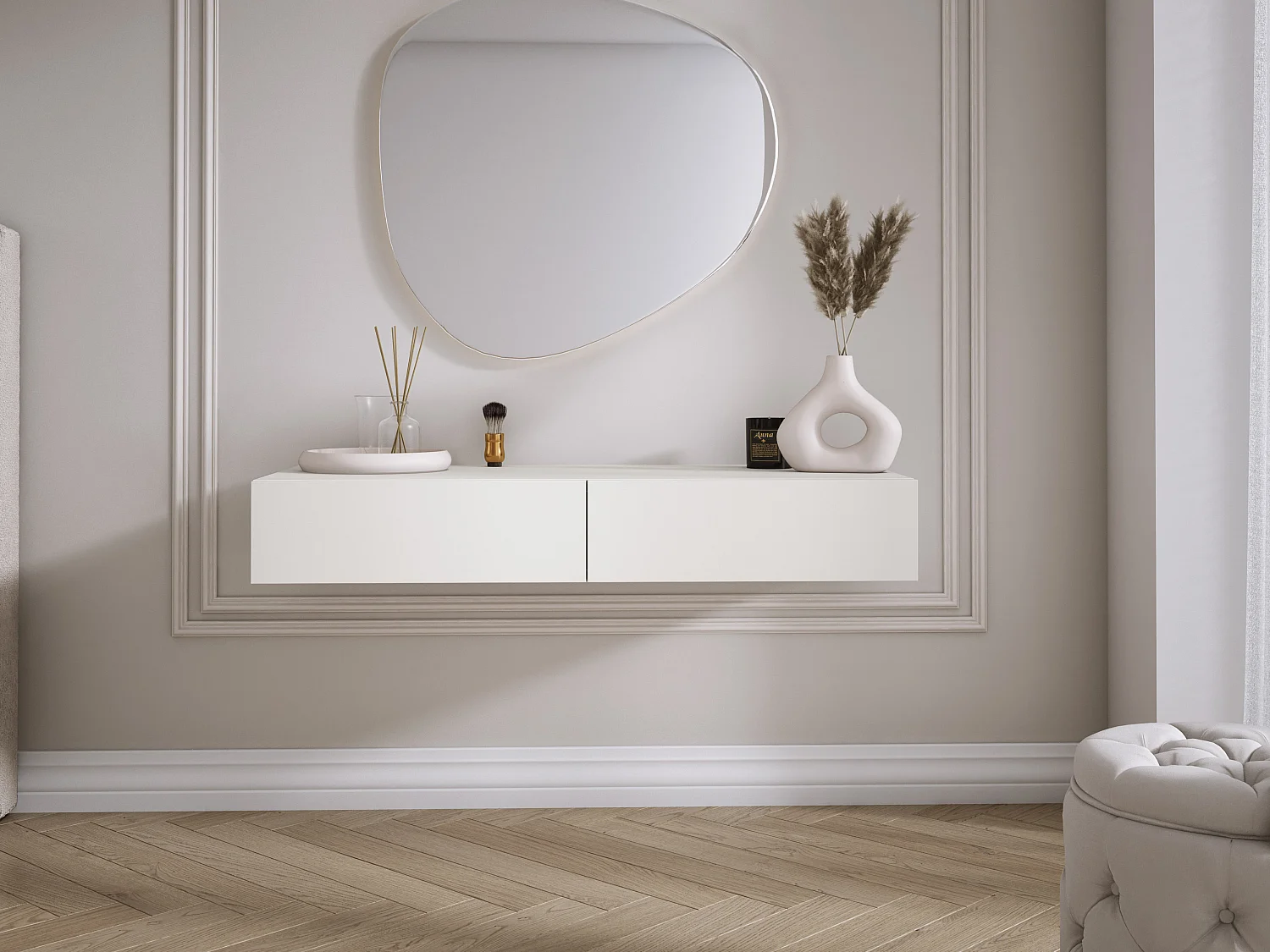 Coiffeuse suspendue avec deux tiroirs, façade lisse - Couleur : blanc, 100 x 40 x 16 cm