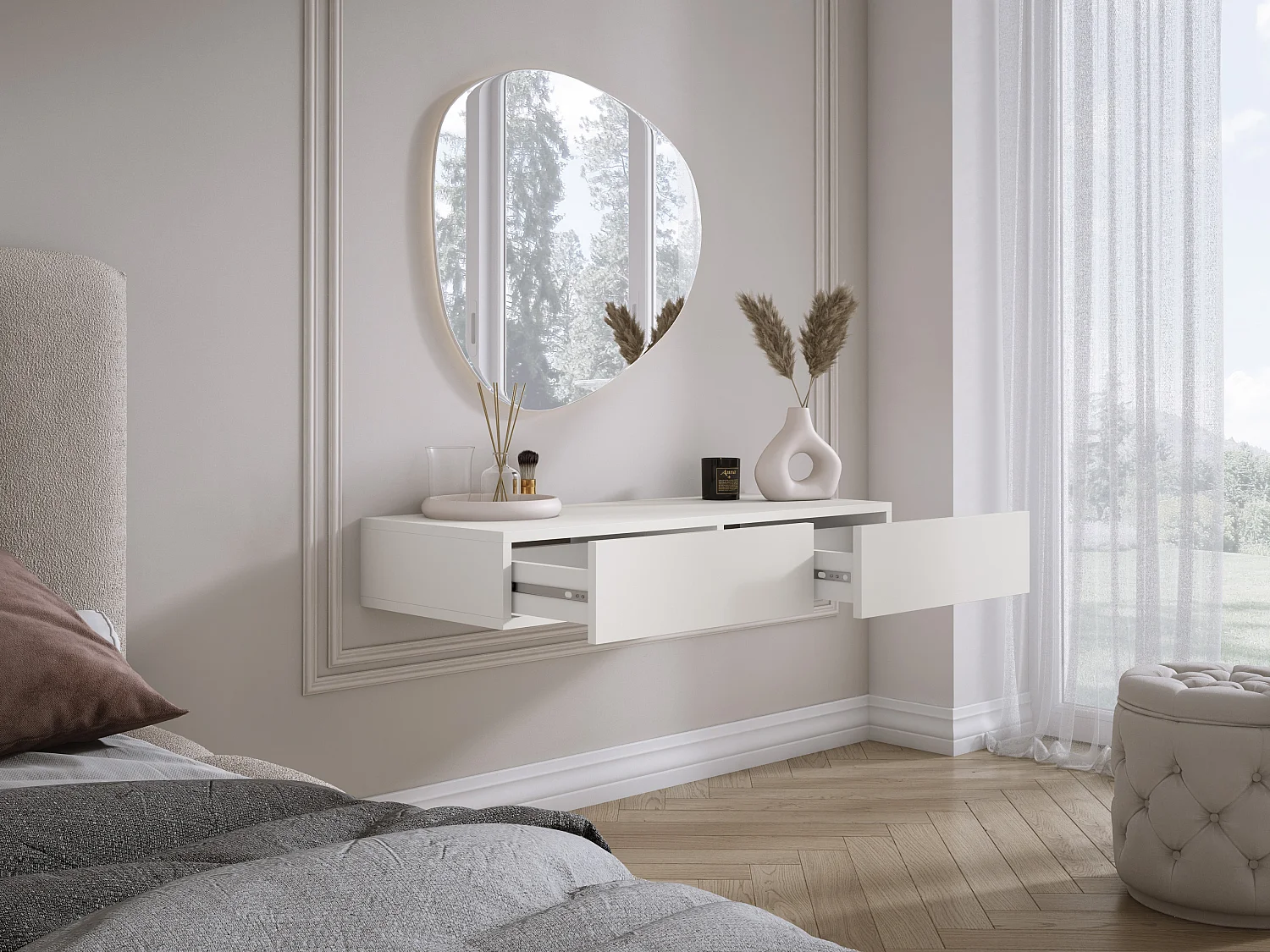 Coiffeuse suspendue avec deux tiroirs, façade lisse - Couleur : blanc, 100 x 40 x 16 cm