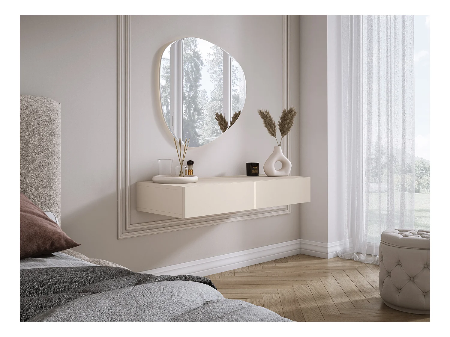 Coiffeuse suspendue avec deux tiroirs, façade lisse - couleur : cachemire, 100 x 40 x 16 cm