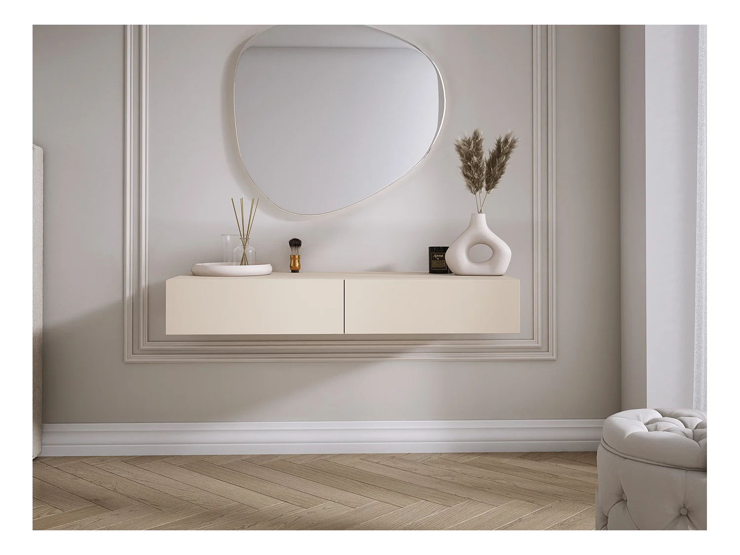 Coiffeuse suspendue avec deux tiroirs, façade lisse - couleur : cachemire, 100 x 40 x 16 cm