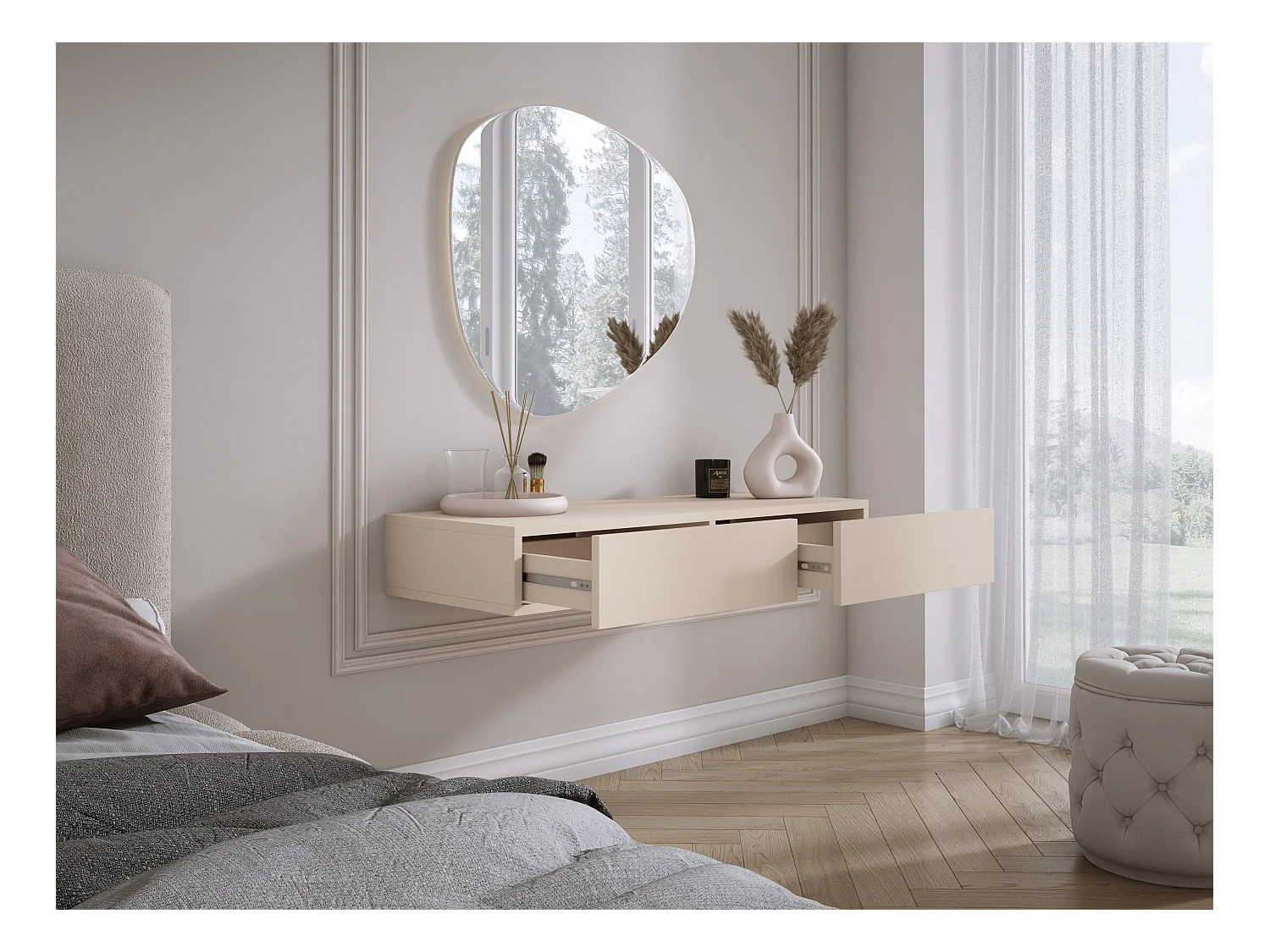 Coiffeuse suspendue avec deux tiroirs, façade lisse - couleur : cachemire, 100 x 40 x 16 cm