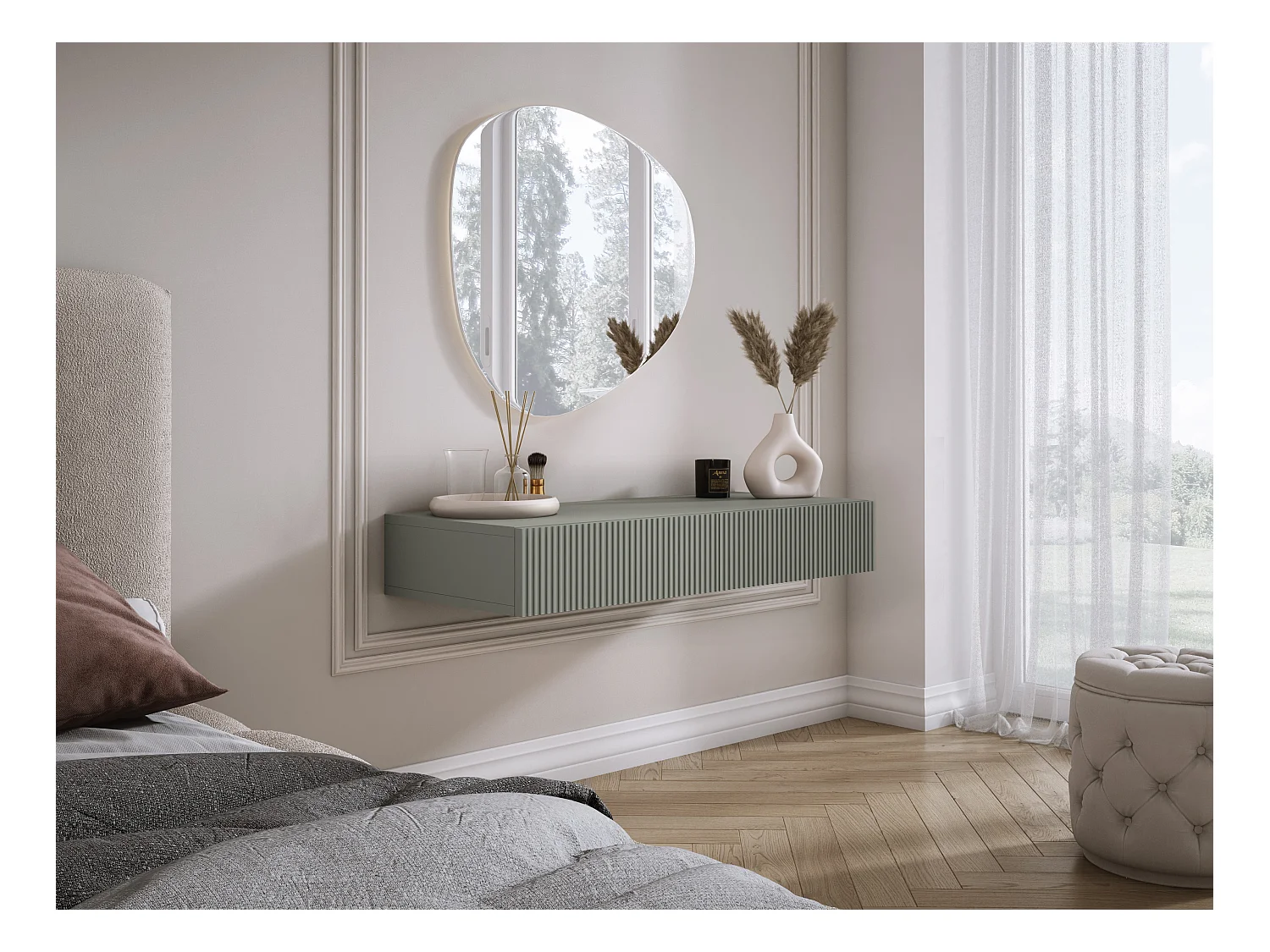 Coiffeuse suspendue avec deux tiroirs, façade rainurée - Couleur : aloès vert, 100 x 40 x 16 cm