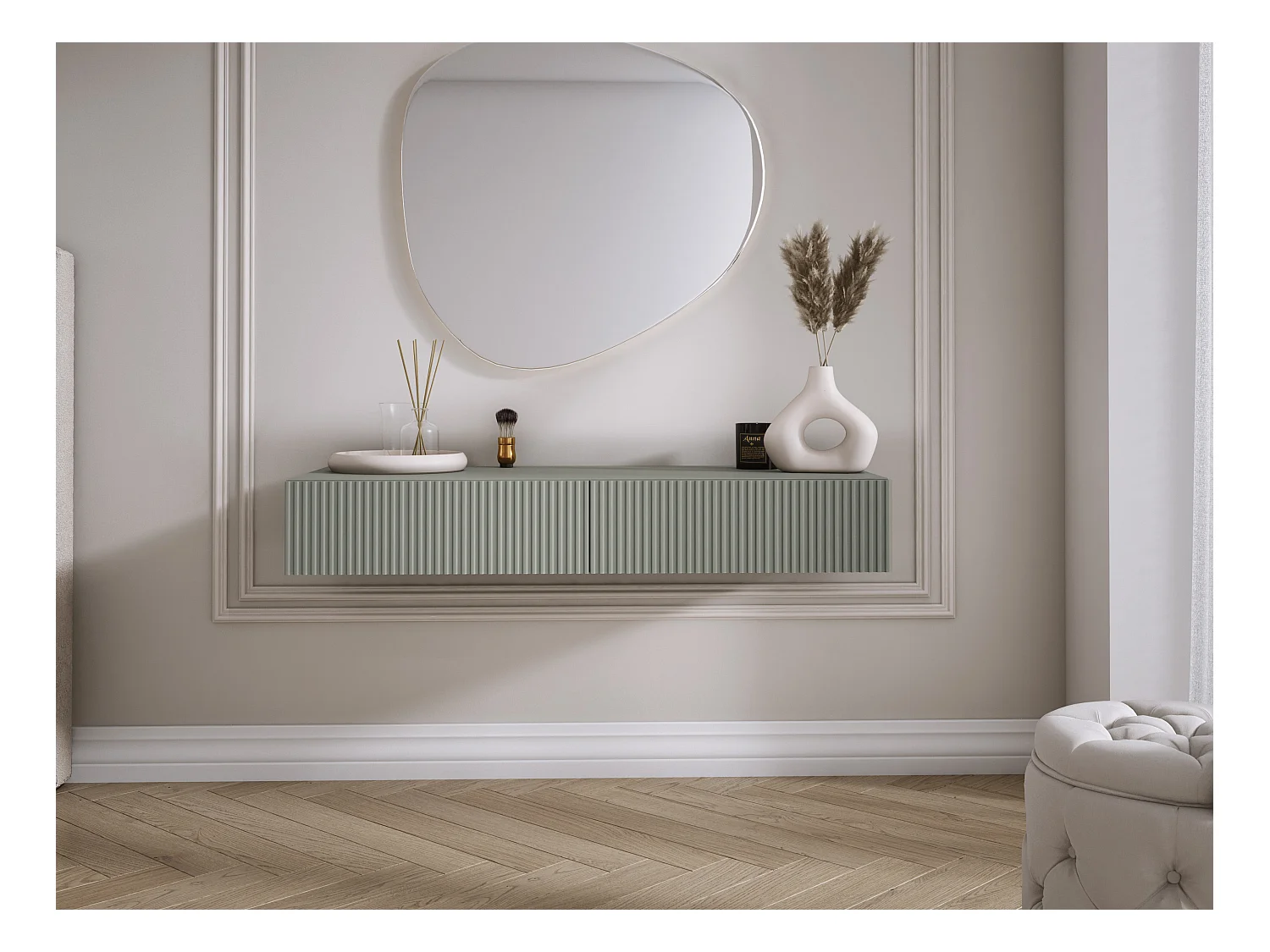 Coiffeuse suspendue avec deux tiroirs, façade rainurée - Couleur : aloès vert, 100 x 40 x 16 cm