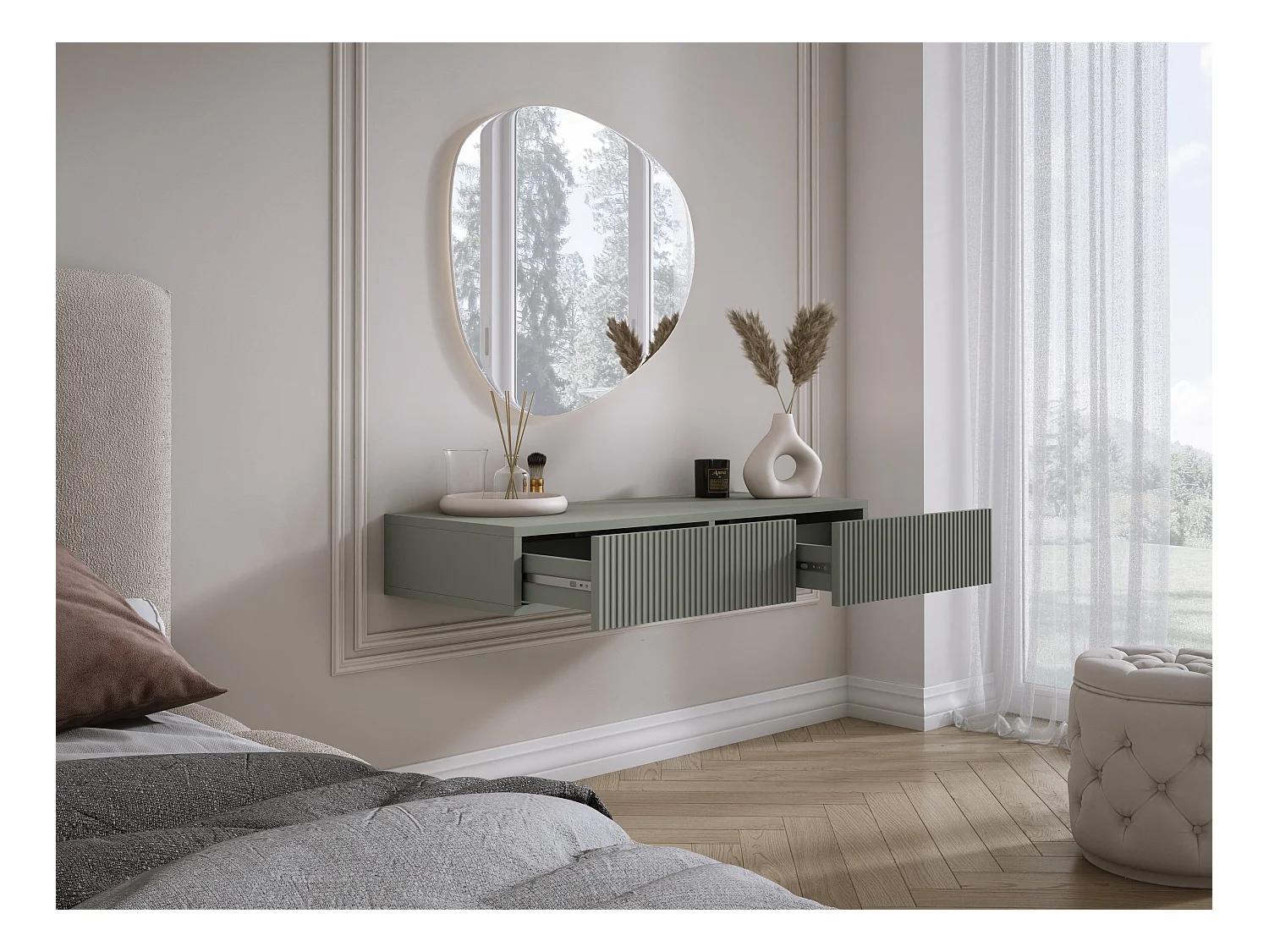 Coiffeuse suspendue avec deux tiroirs, façade rainurée - Couleur : aloès vert, 100 x 40 x 16 cm